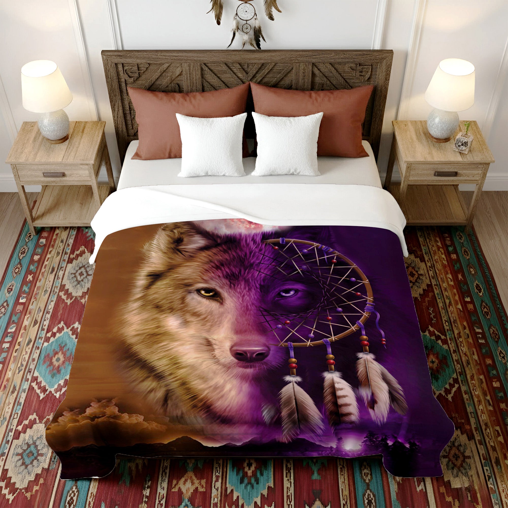 Native American Style Wolf Native Soft And Warm Premium Fleece Blanket