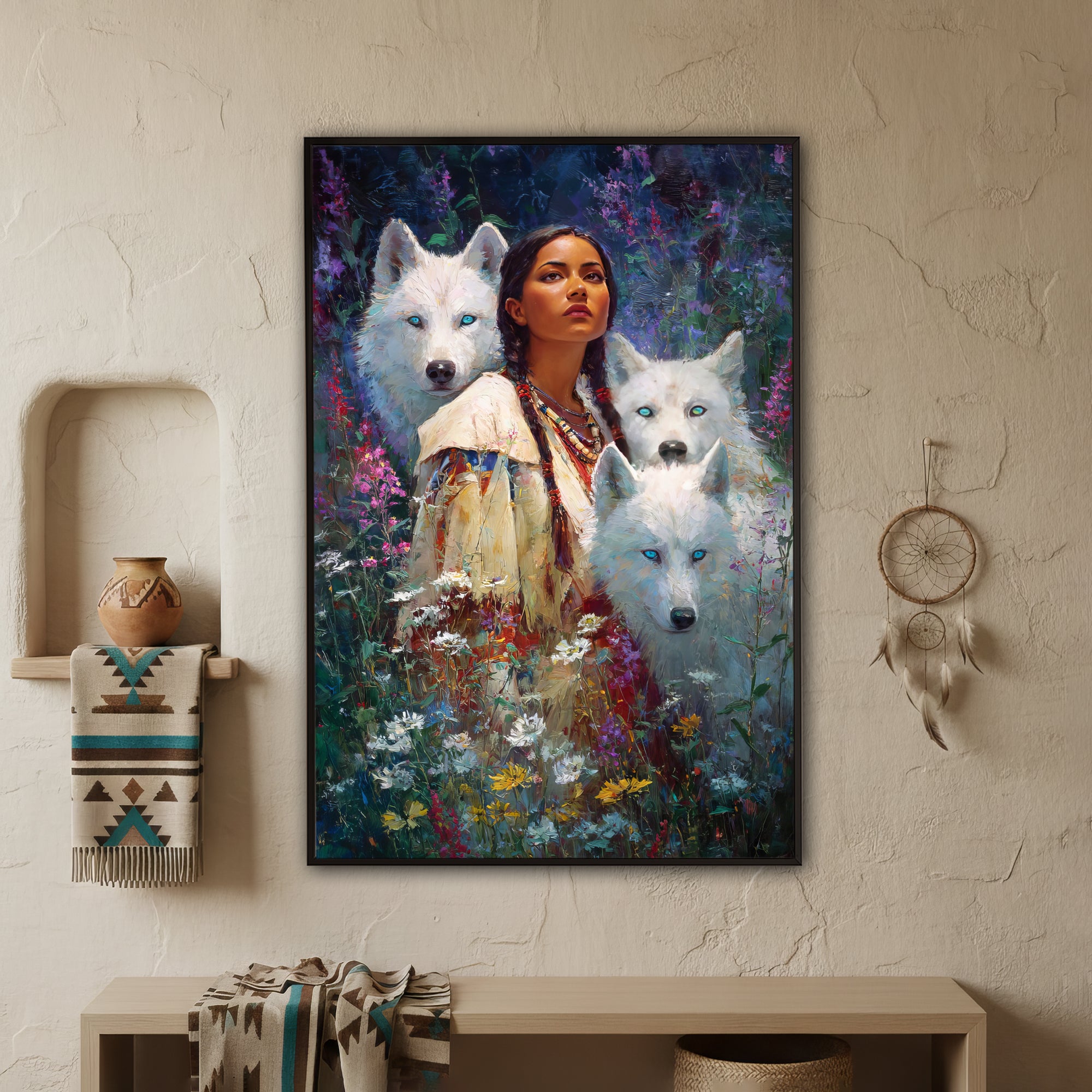 Spirit Of The White Wolves – Native American Woman & Sacred Wolf Guardians Art Poster/Canvas