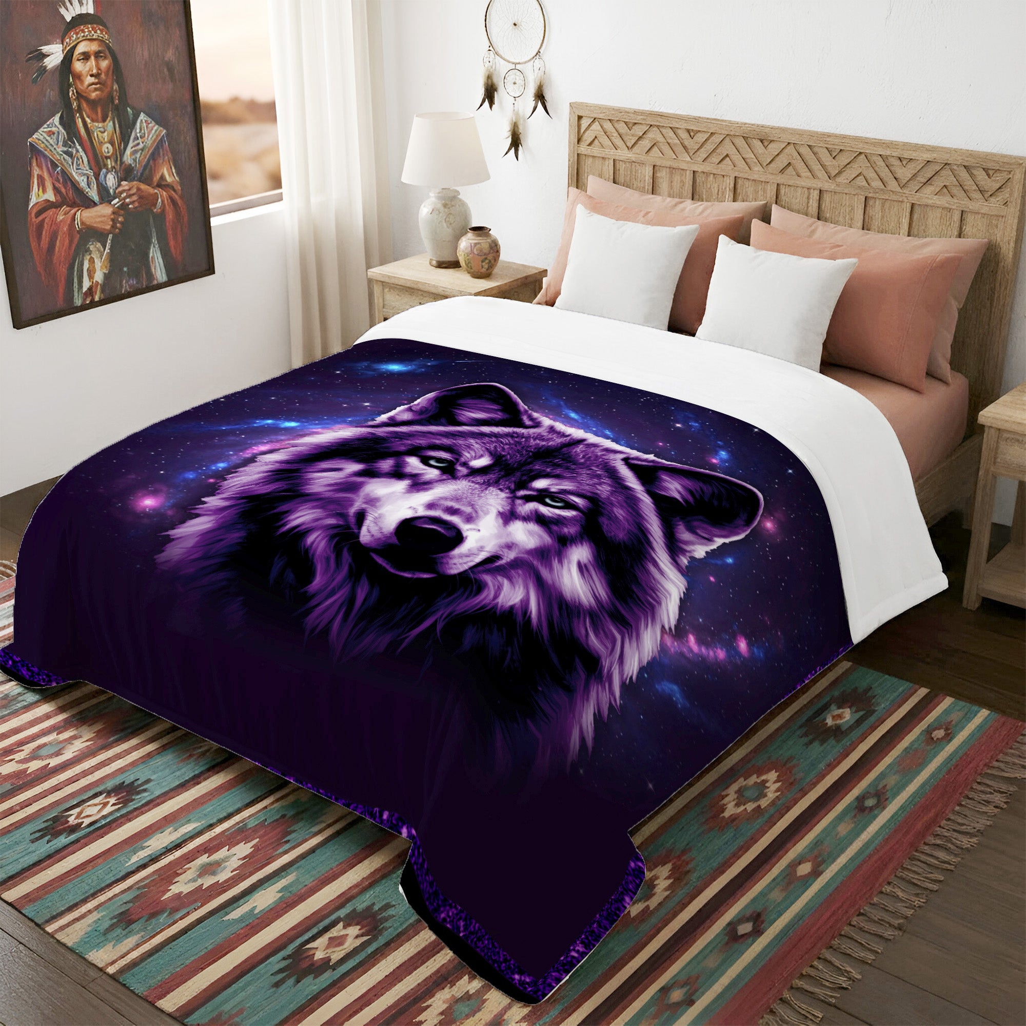 Spirit Wolf of the Purple Sky Native American Cozy Fleece Blanket