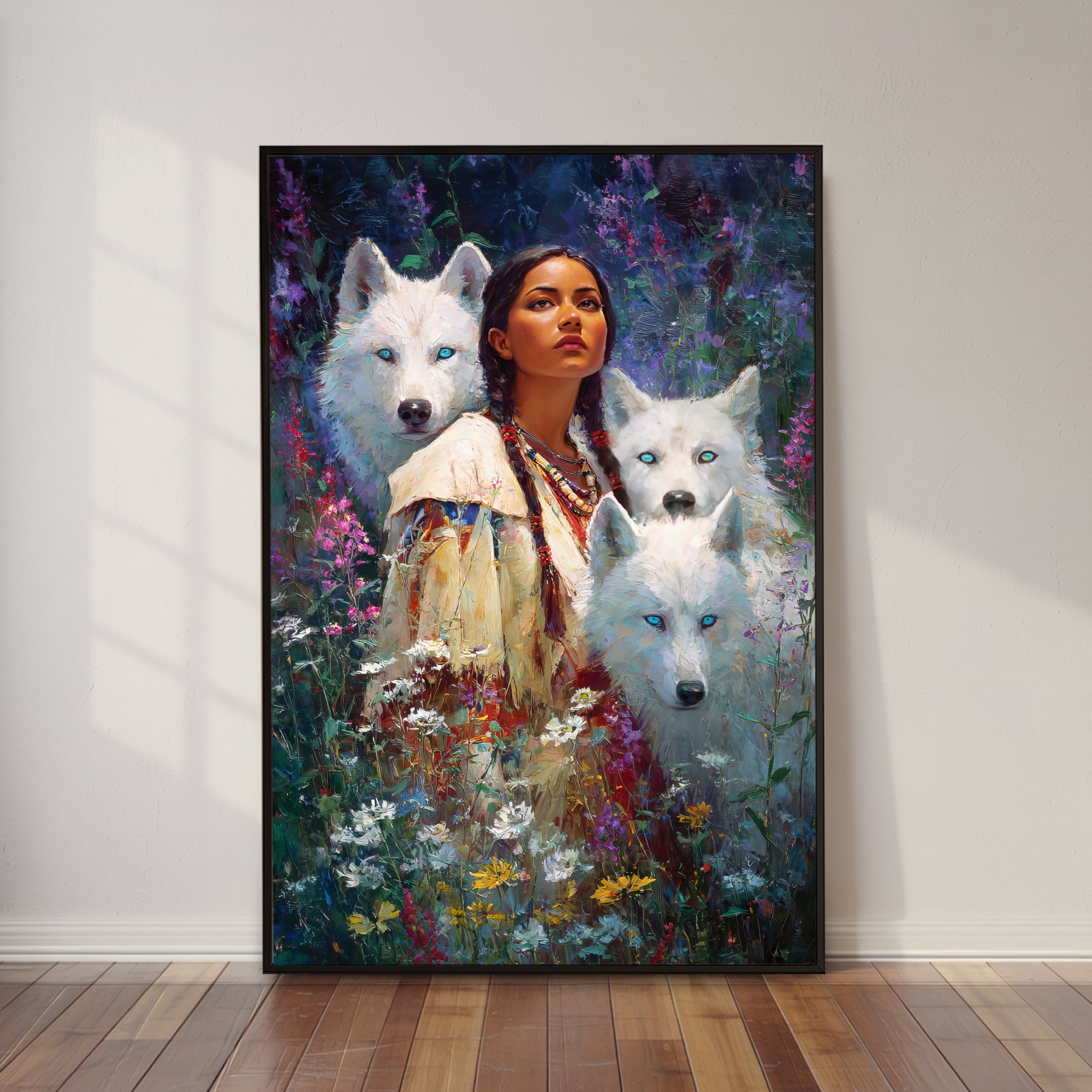 Spirit Of The White Wolves – Native American Woman & Sacred Wolf Guardians Art Poster/Canvas