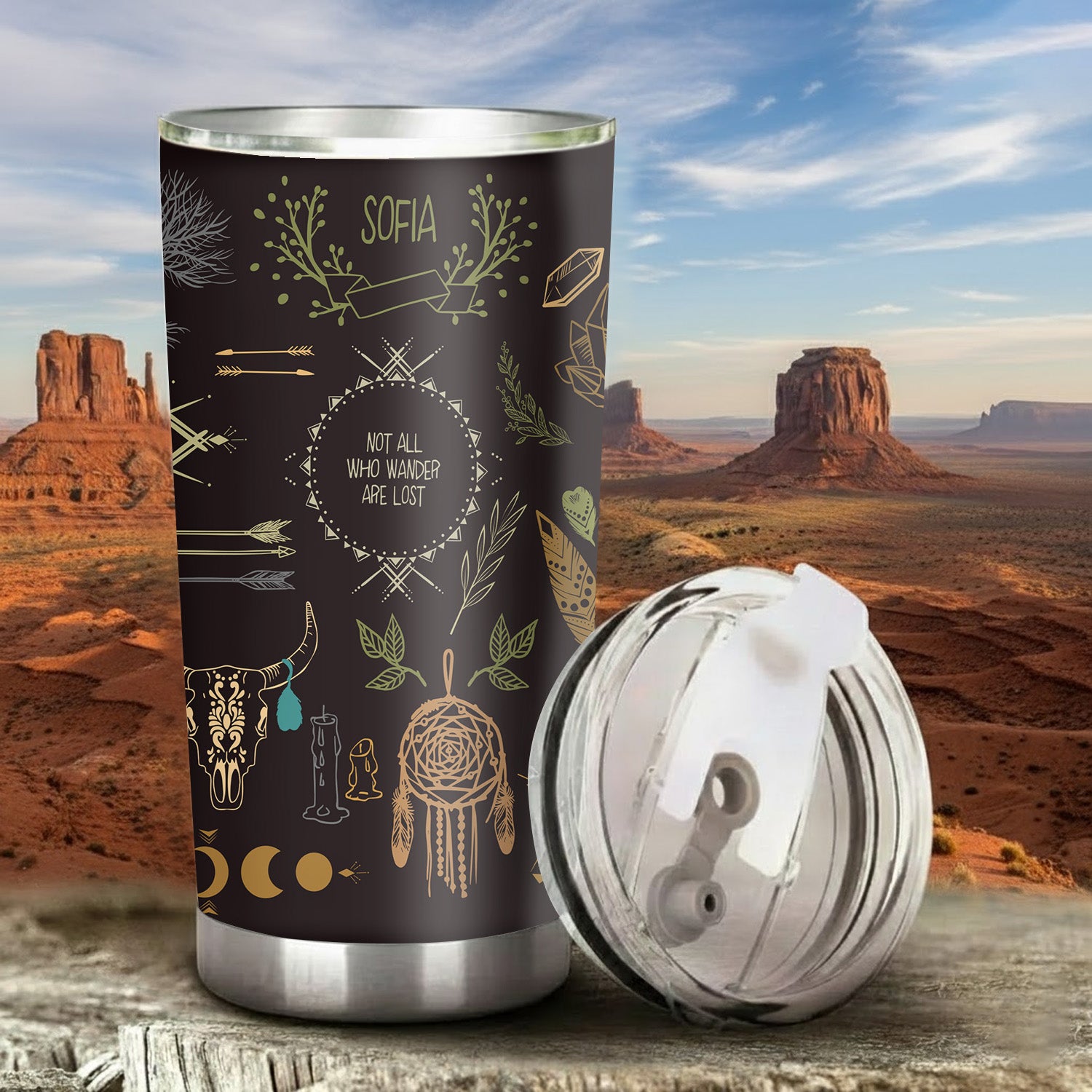 Boho Dreamcatcher Tumbler Stainless Steel Drinking Cup (Custom Name)