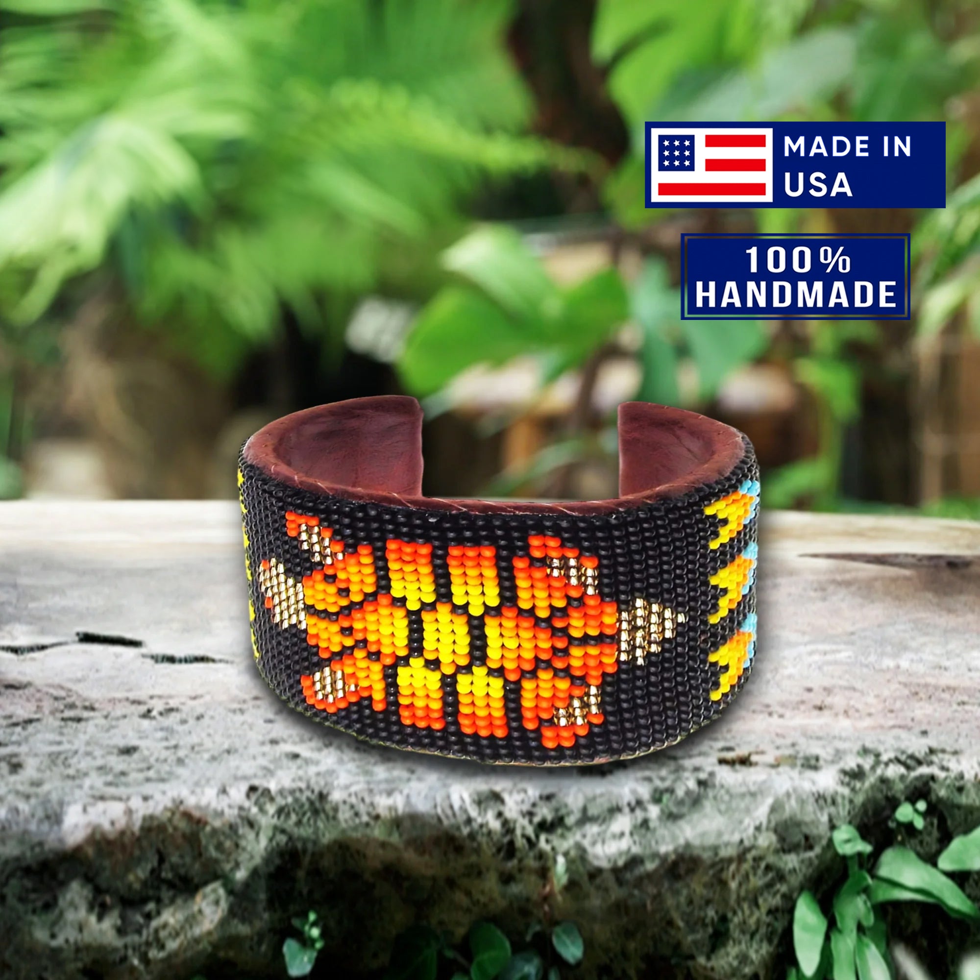 SALE 50% OFF - Black Fire Turtle Hard Cuff Wide Beaded Handmade Bracelet