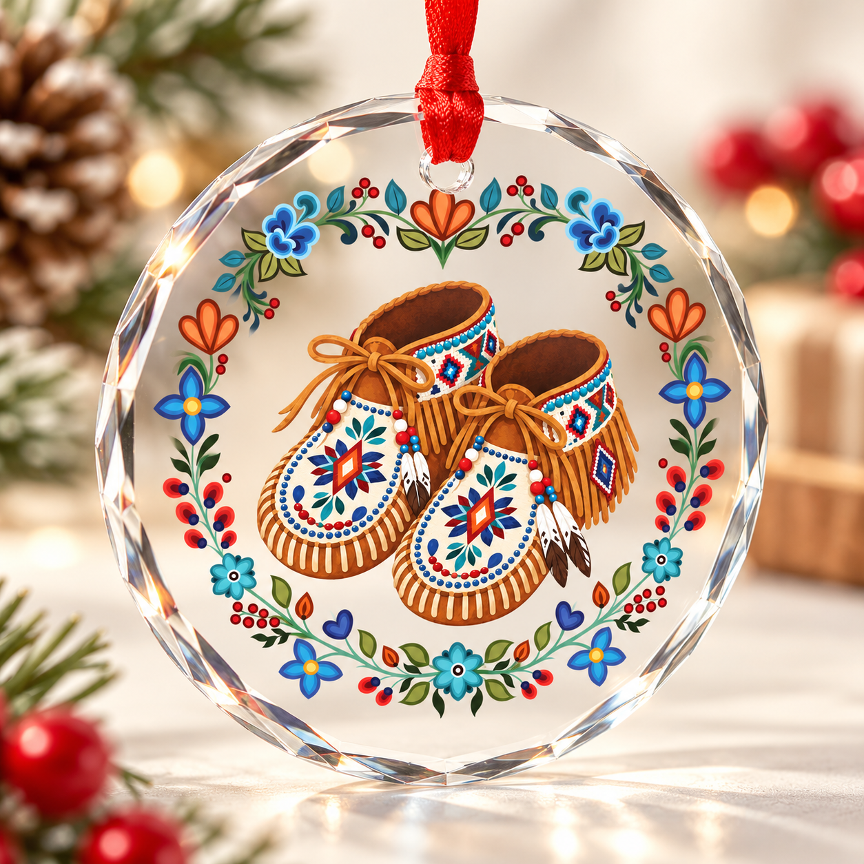 Native Floral Moccasins Glass Ornament – Indigenous Art Decor