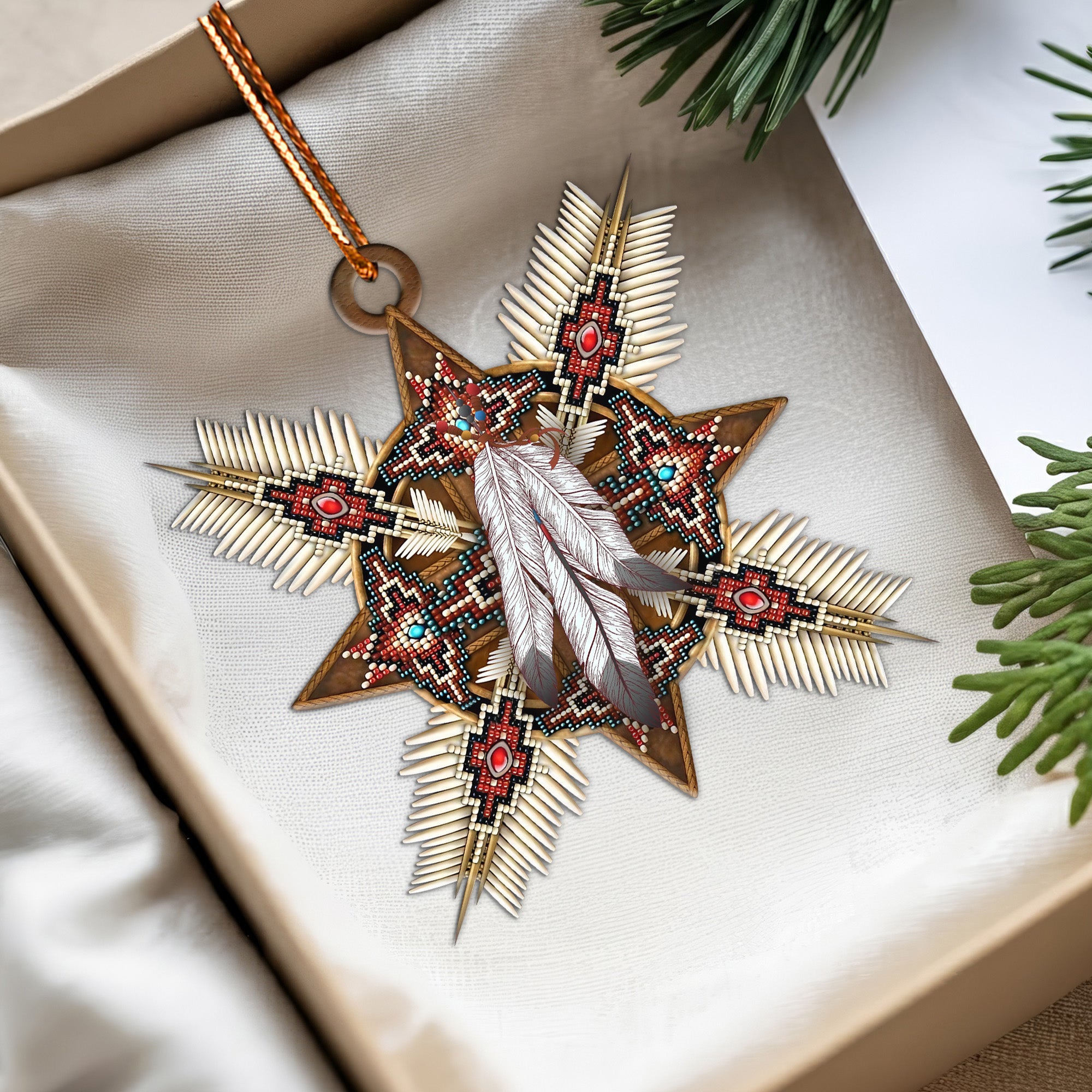Native Beaded Star Ornament with Feathers Unique Christmas Gift Decor Flat Acrylic