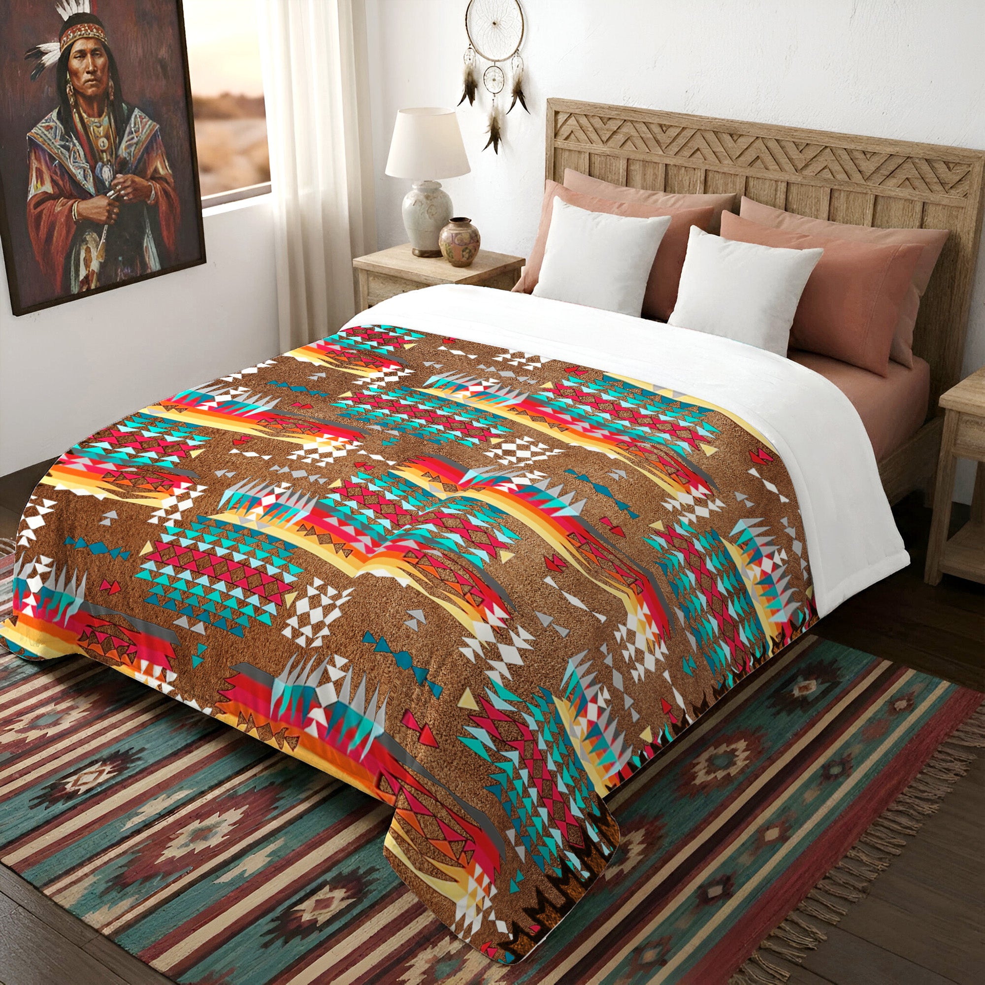 Native American Style Brown Pattern Soft And Warm Premium Fleece Blanket