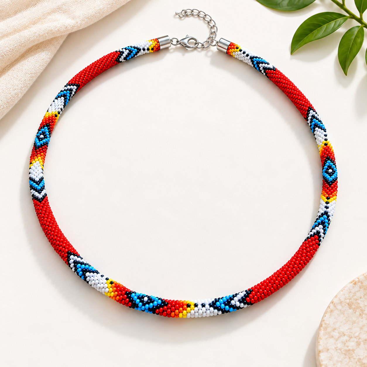 Red Blue Beaded Long Necklace Handmade Native American Style for Women