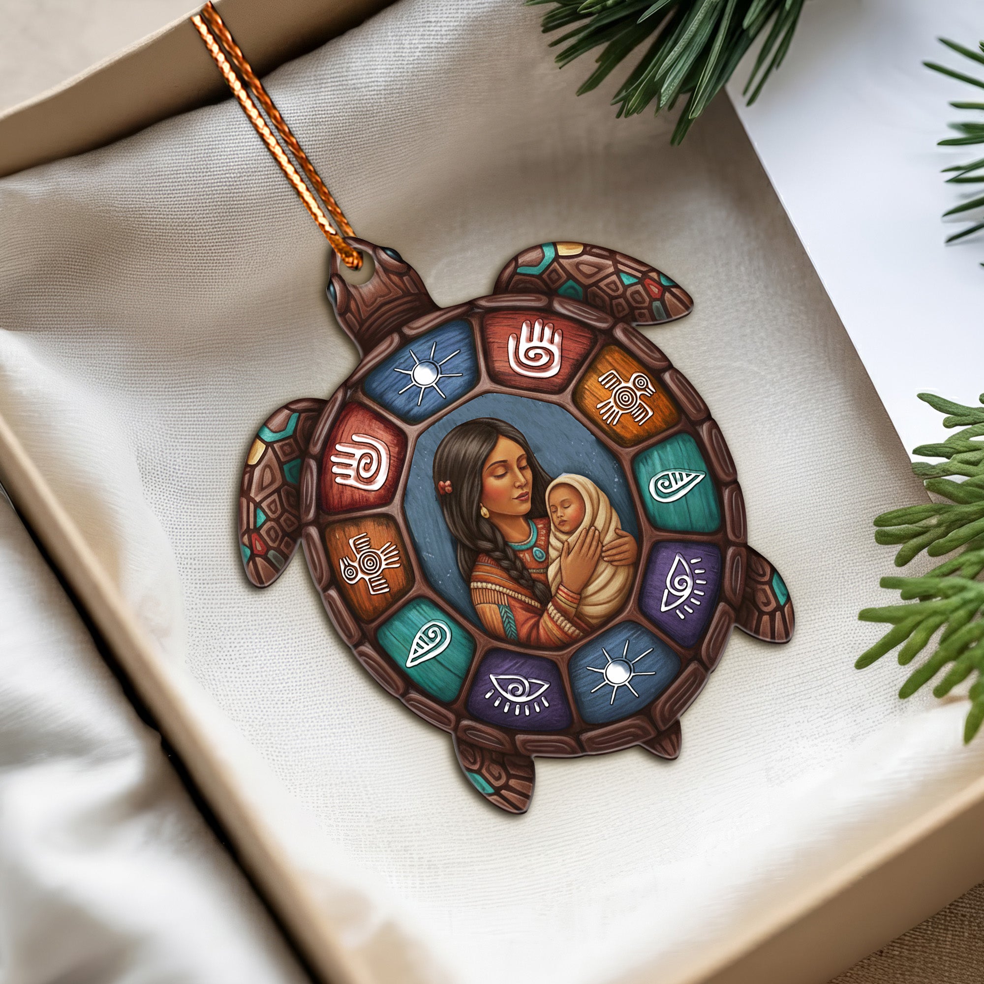 Native Mother and Child Turtle Ornament Unique Christmas Gift Decor Flat Acrylic
