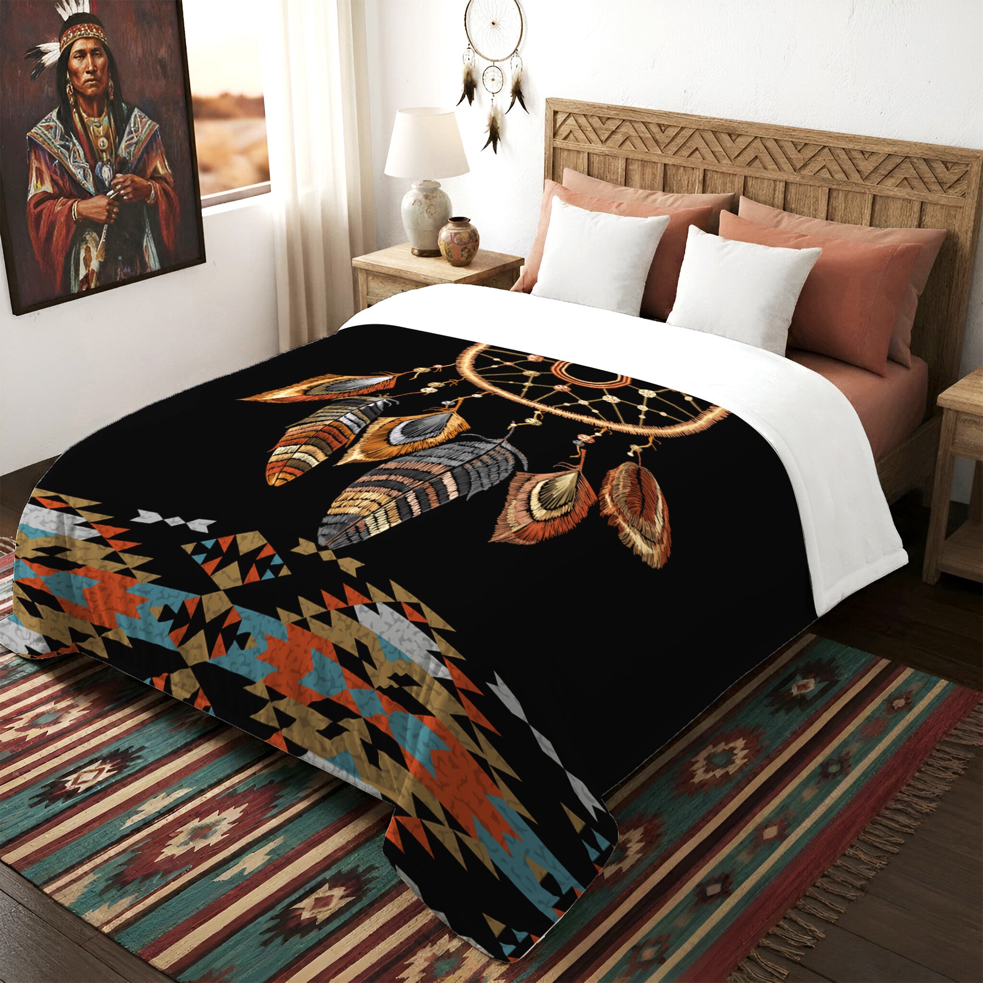 Native American Style Black Big Dreamcatcher Soft And Warm Fleece Blanket