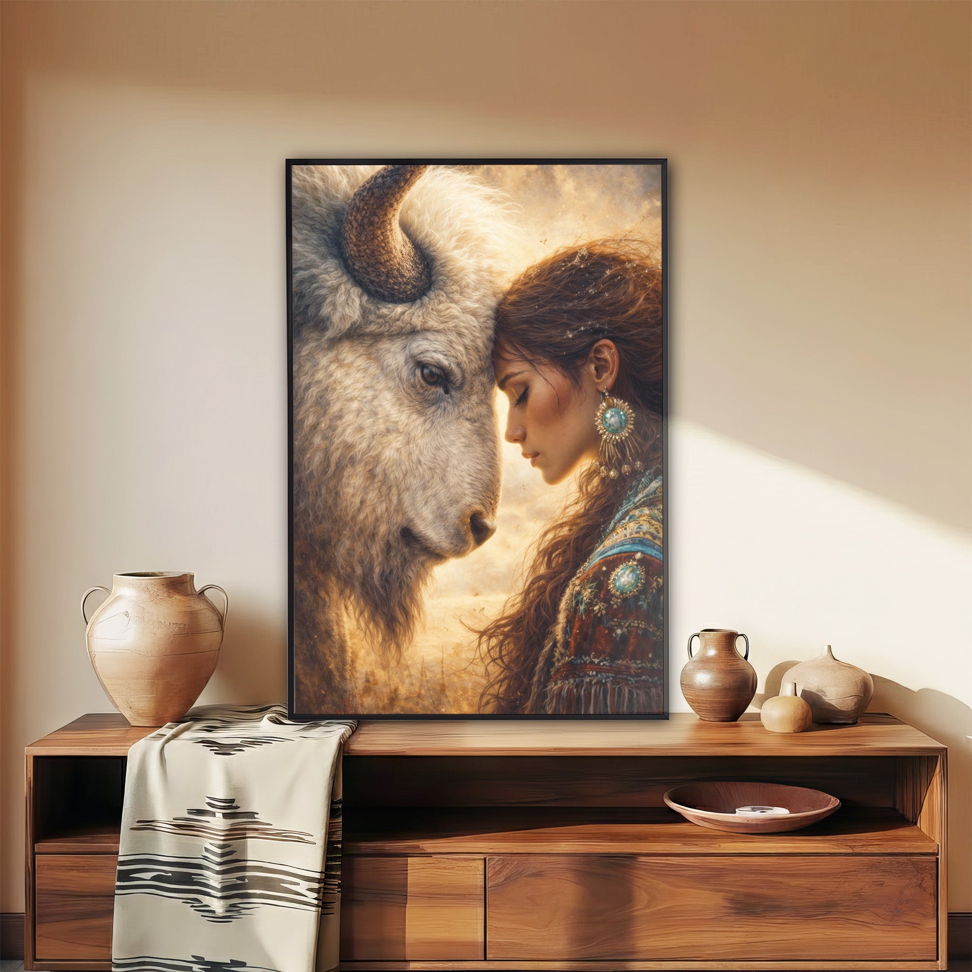 Sacred Bond of Indigenous Woman and Bison – Native American Art Poster/Canvas