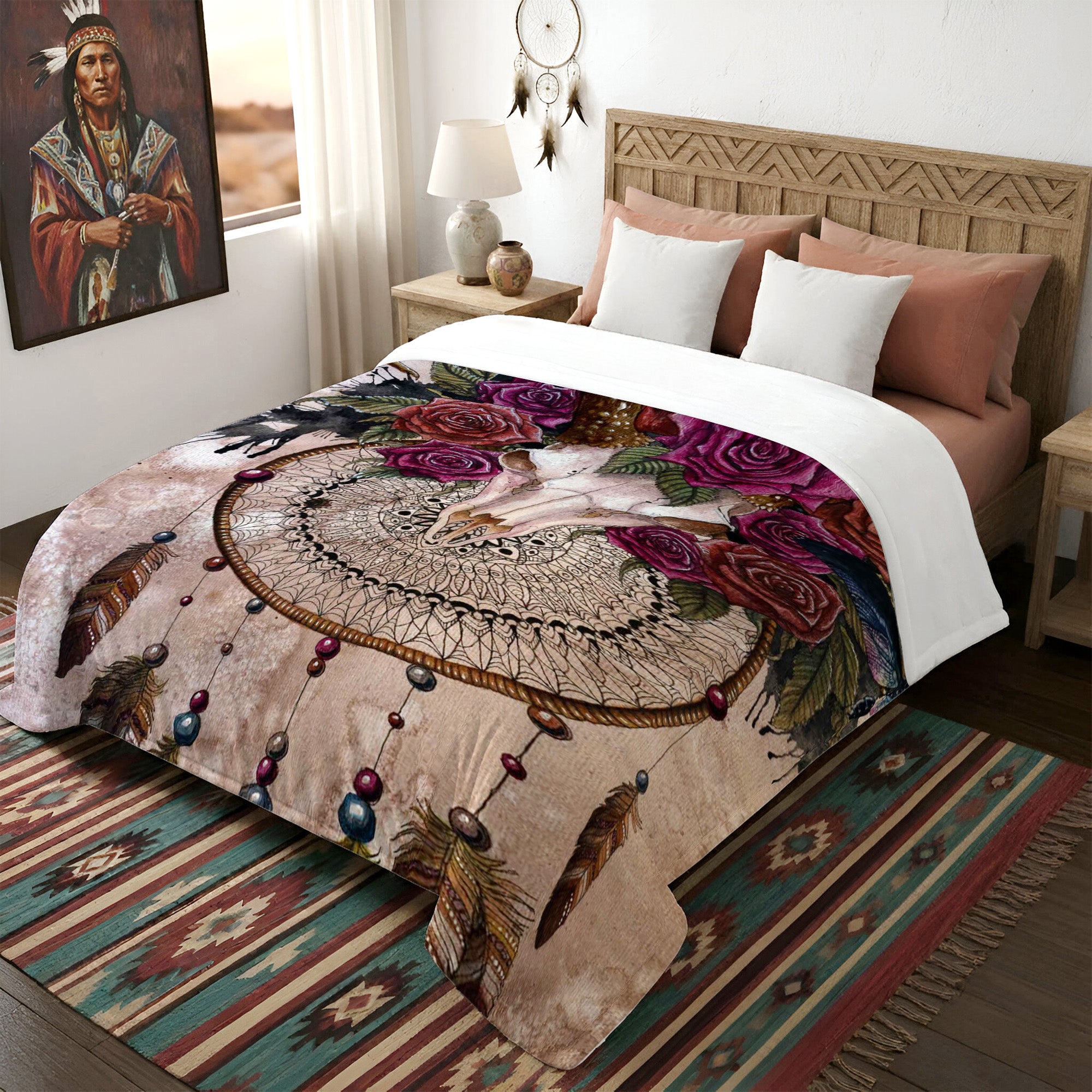 Native Dreamcatcher Rose Soft and Warm Premium Fleece Blanket