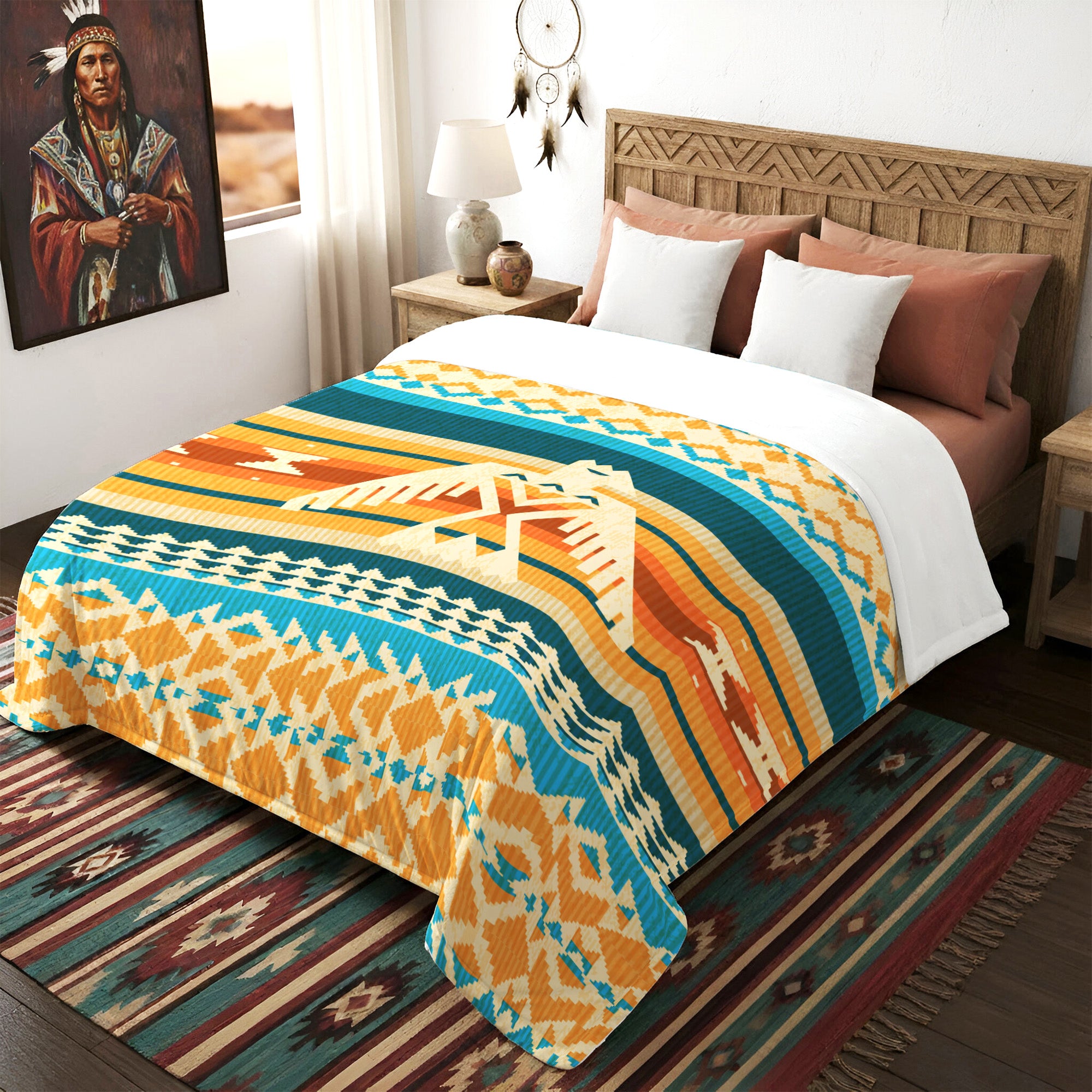 Native American Style Colorful Border Pattern Soft And Warm Fleece Blanket
