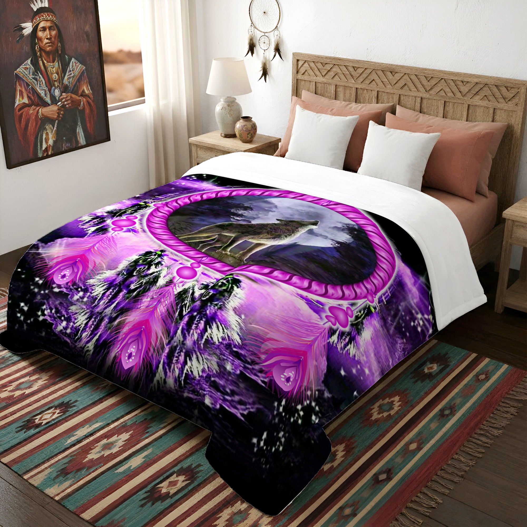 Native American Style Purple Wolf Dream Soft And Warm Premium Fleece Blanket