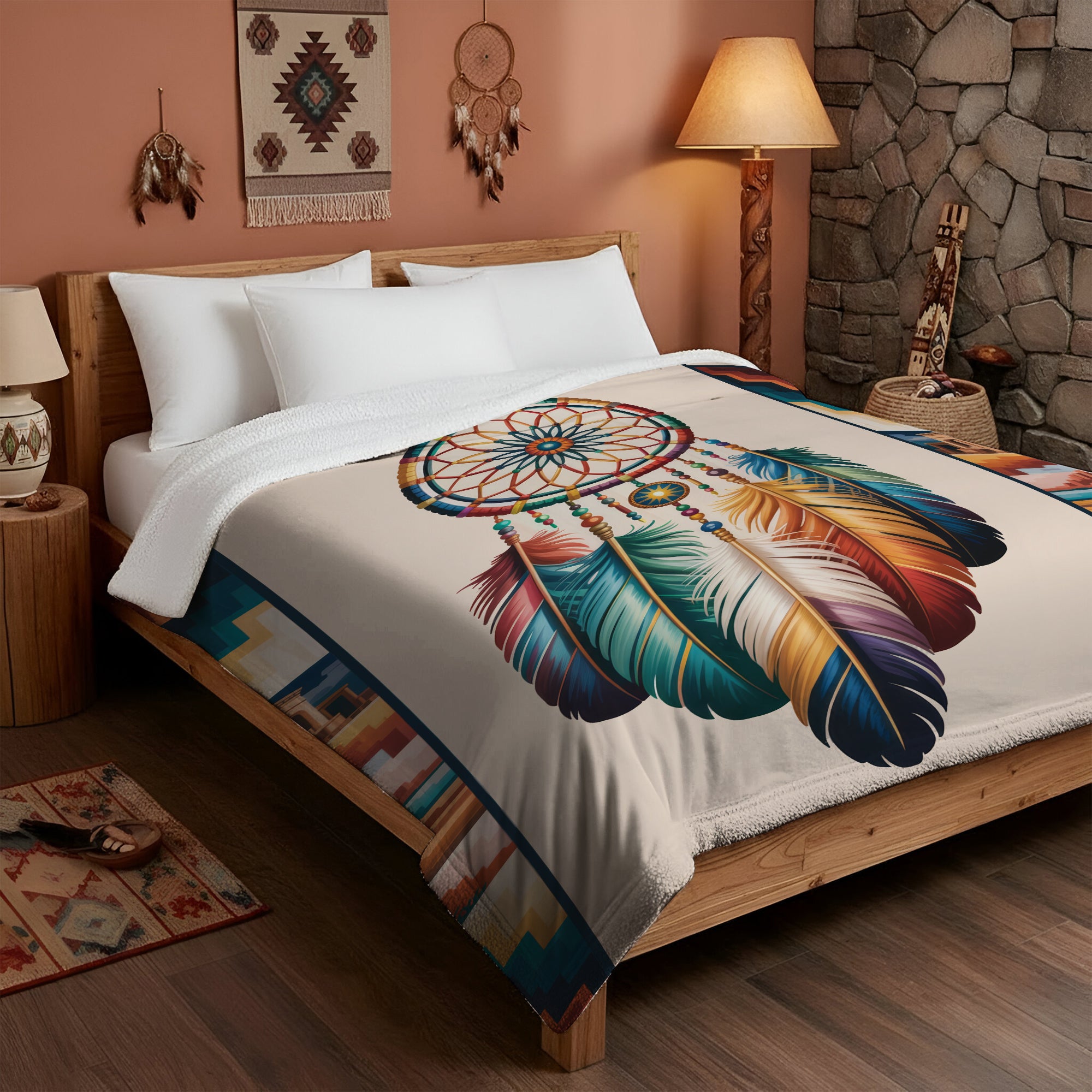 "The Dream Weaver" Boho Feather Native American Cozy Fleece Blanket