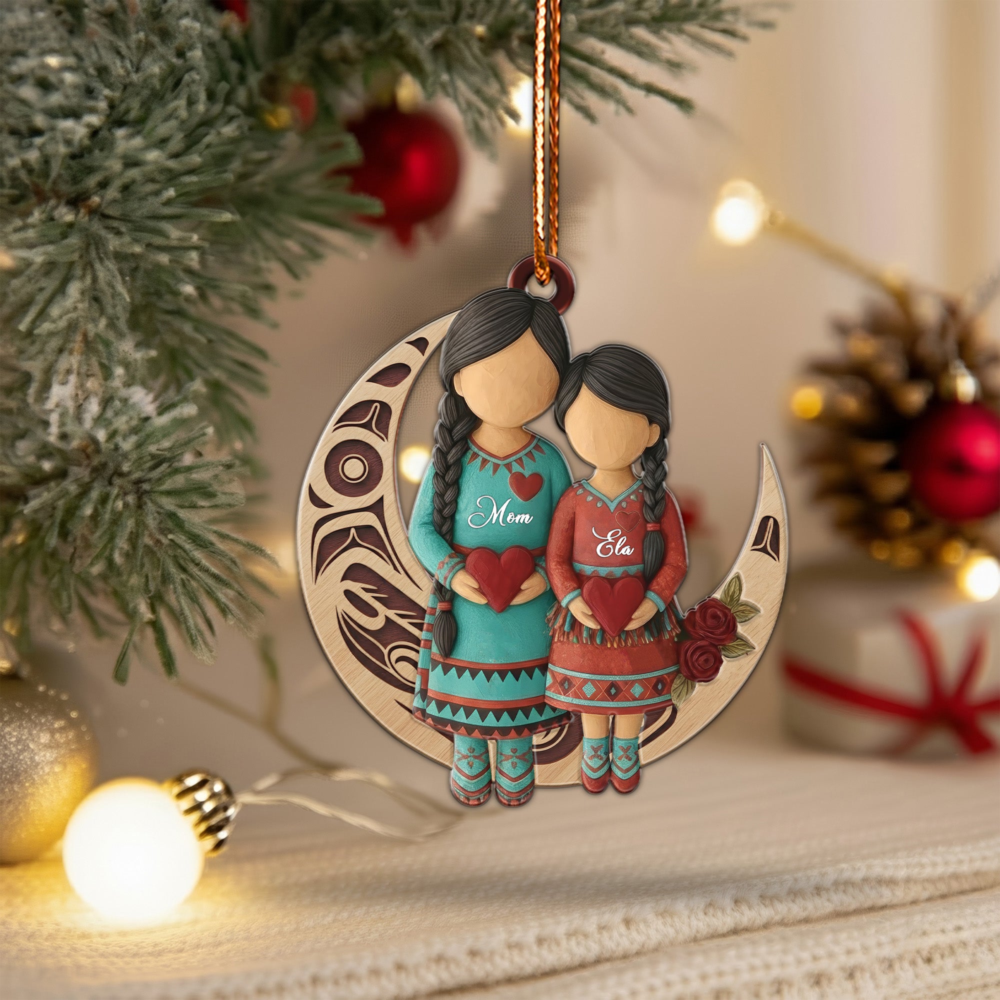 Native Mother & Daughter Moon Ornament Unique Christmas Gift Decor Flat Acrylic (Custom Name)
