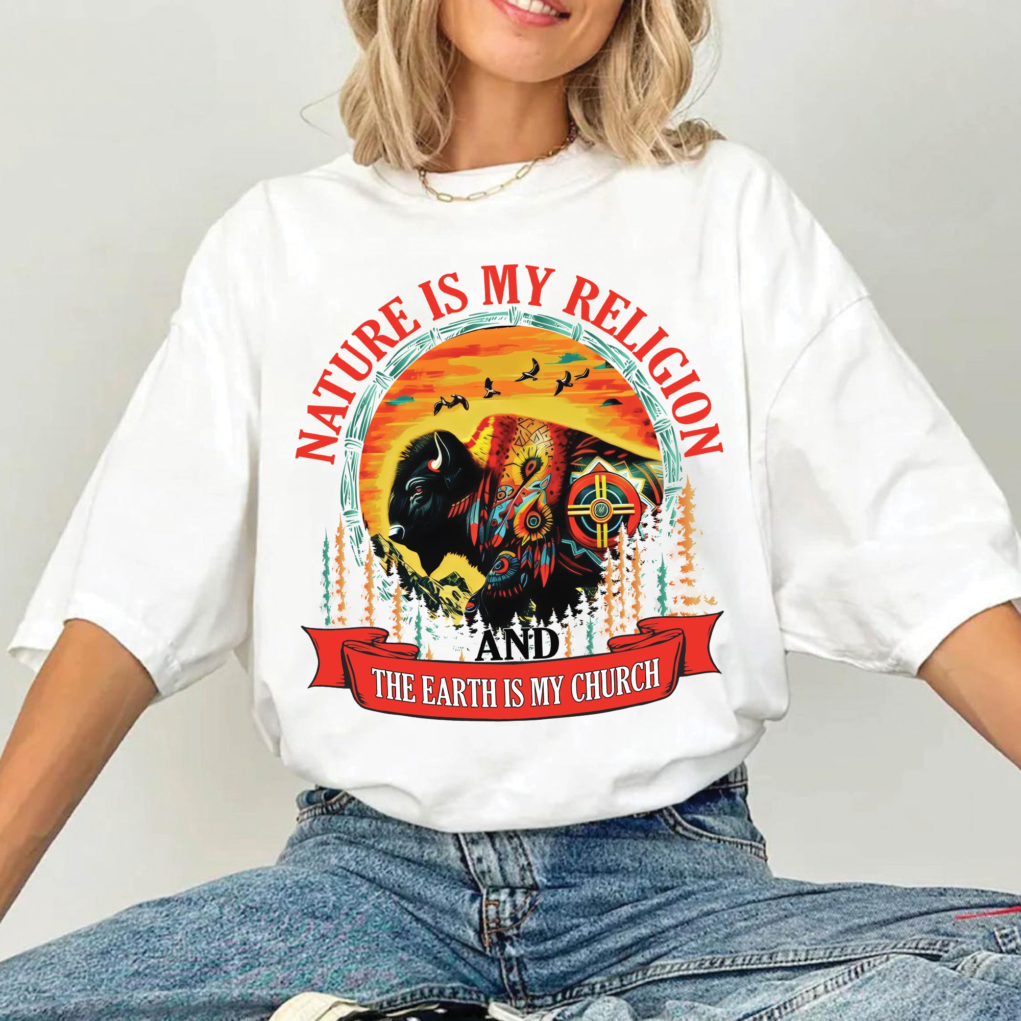Nature Is My Religion Earth Is My Church Native American Art Buffalo Design Unisex T-shirt/T-shirt V-Neck/Hoodie/Sweatshirt