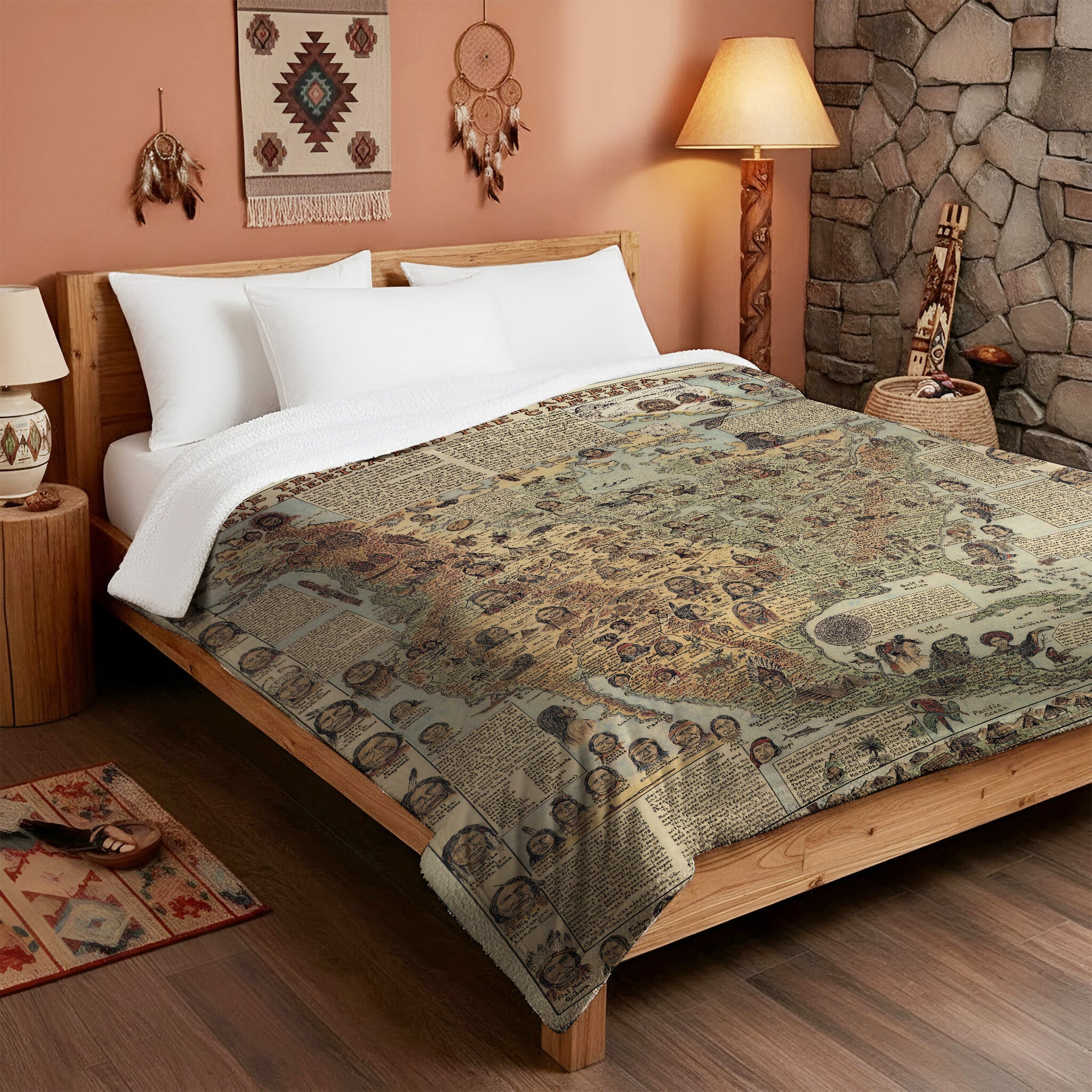 562 Native Tribes of North America Map Fleece Blanket, Native Design Camping Blanket Soft and Warm