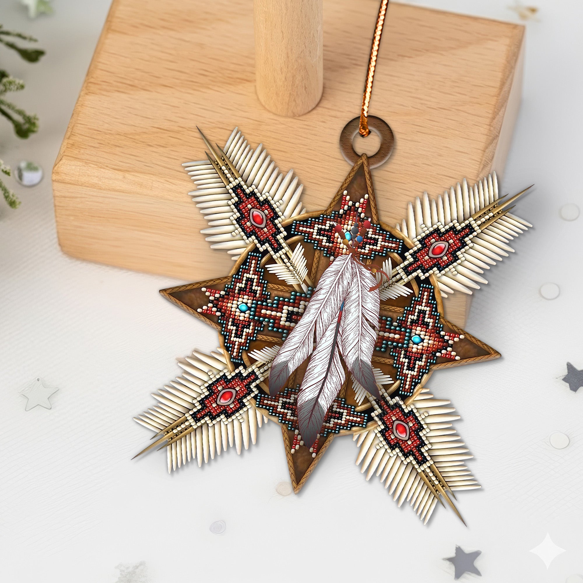 Native Beaded Star Ornament with Feathers Unique Christmas Gift Decor Flat Acrylic