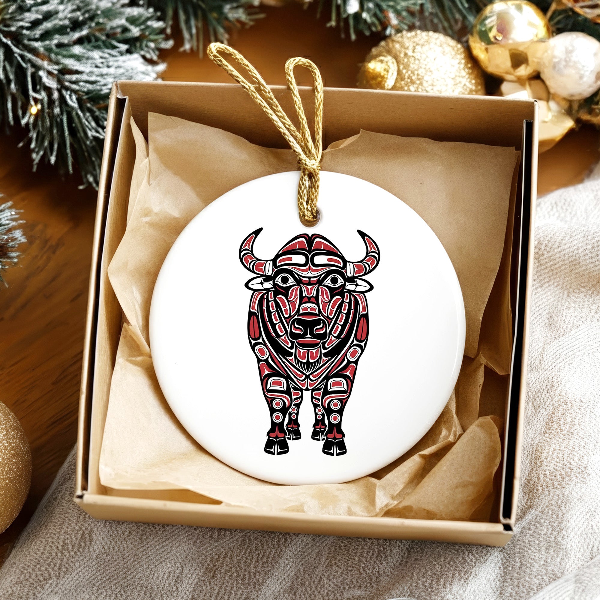 Native Buffalo Spirit Ceramic Ornament – Handcrafted Indigenous Art Decoration