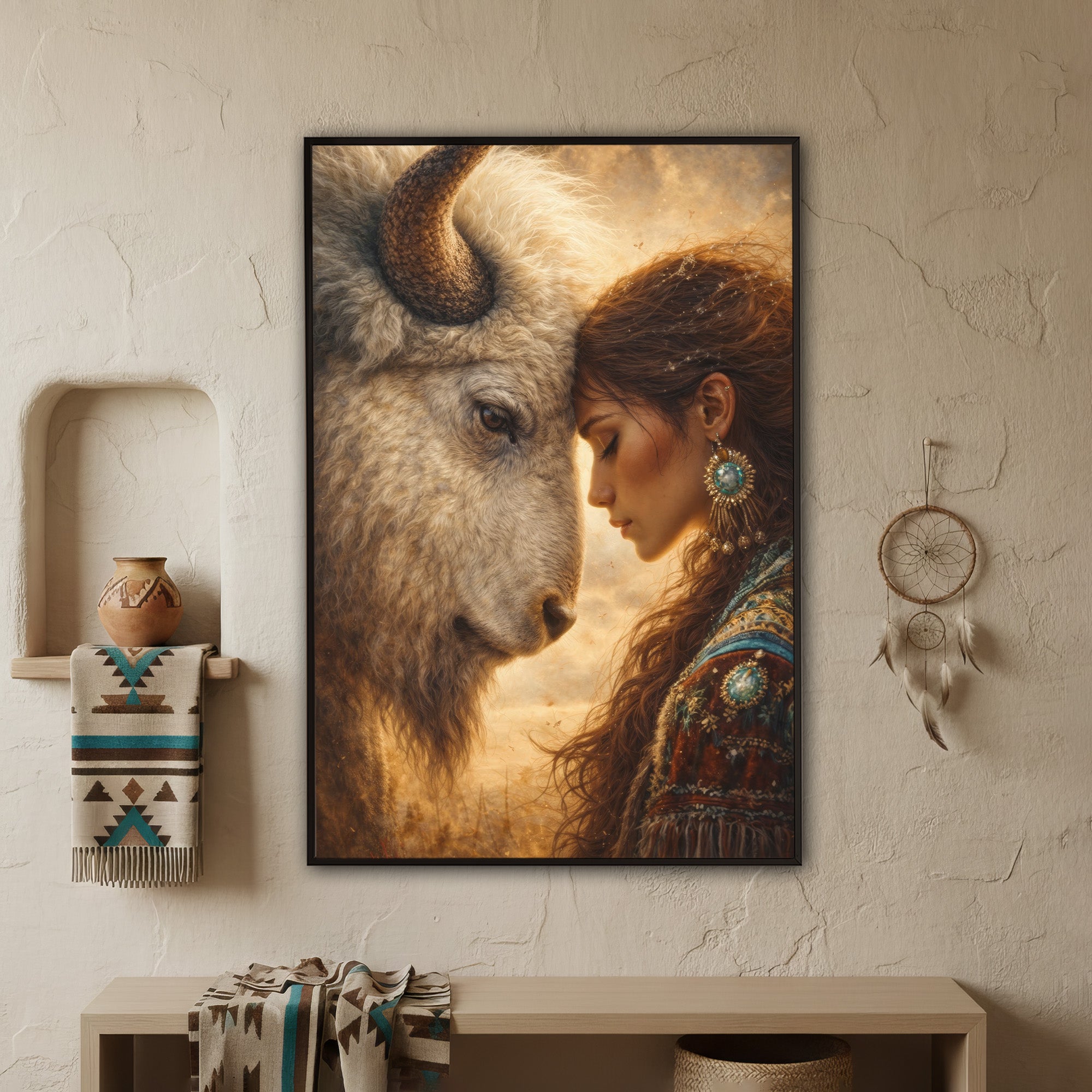 Sacred Bond of Indigenous Woman and Bison – Native American Art Poster/Canvas