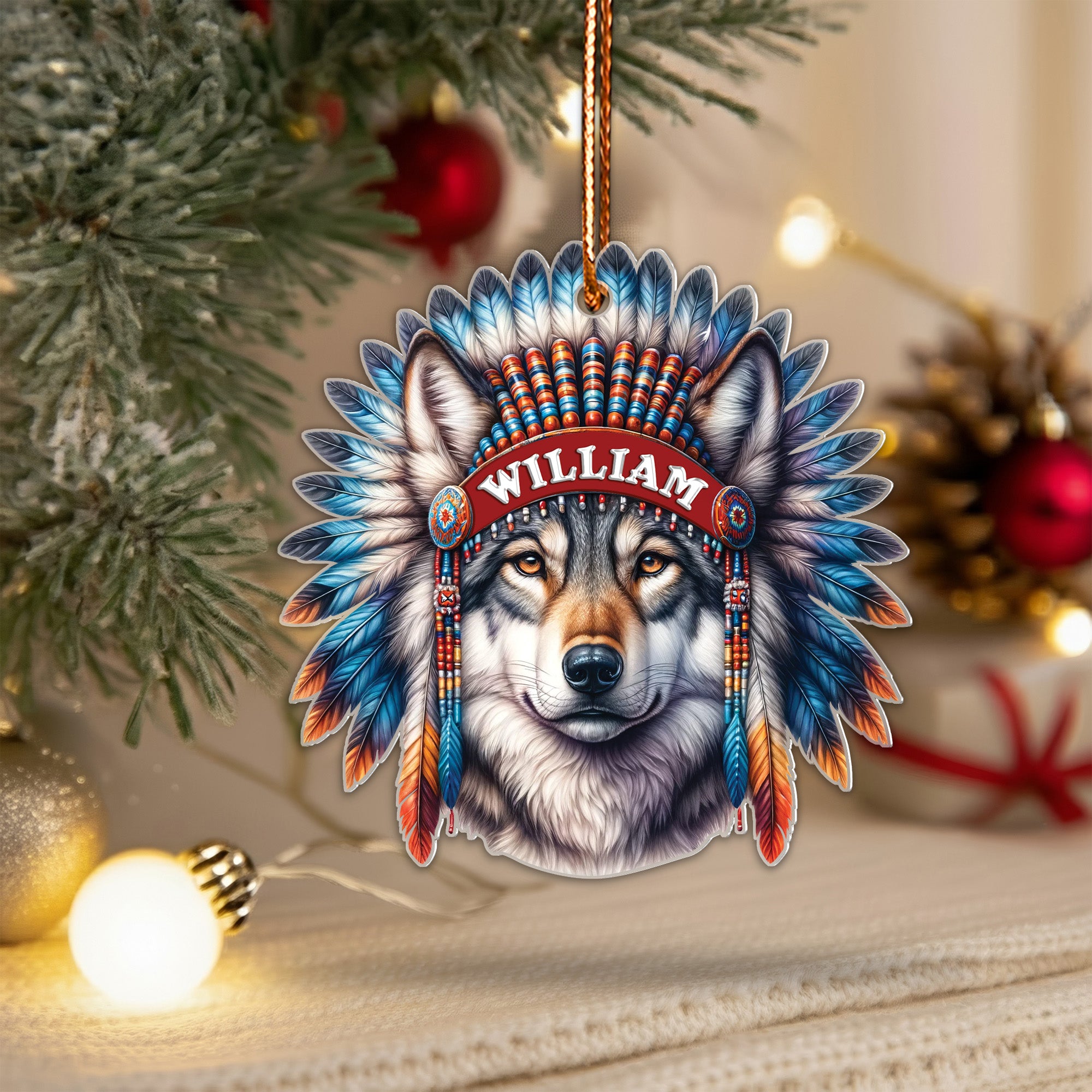 Wolf Spirit Feather Ornament Native American Unique Christmas Gift Decor Flat Acrylic (Custom Name)