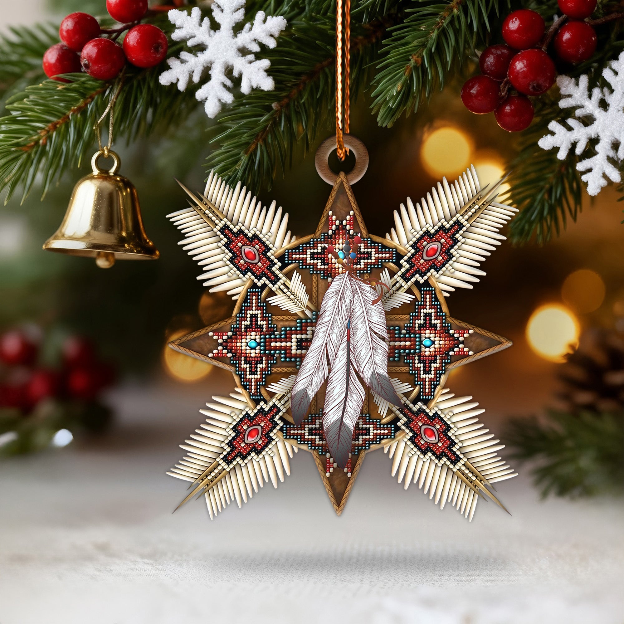 Native Beaded Star Ornament with Feathers Unique Christmas Gift Decor Flat Acrylic