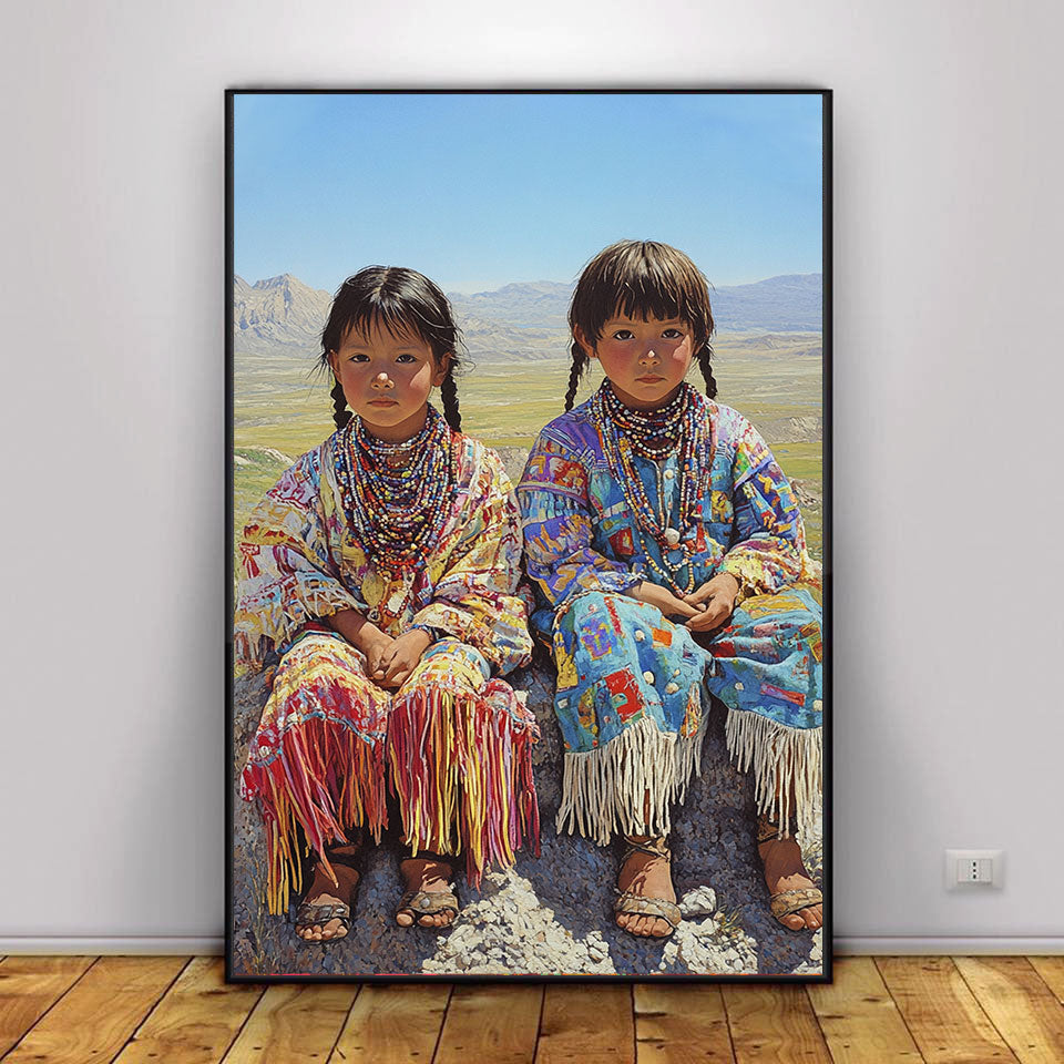 Custom Native American Children Portrait Photo Canvas Art Gift Home Decor
