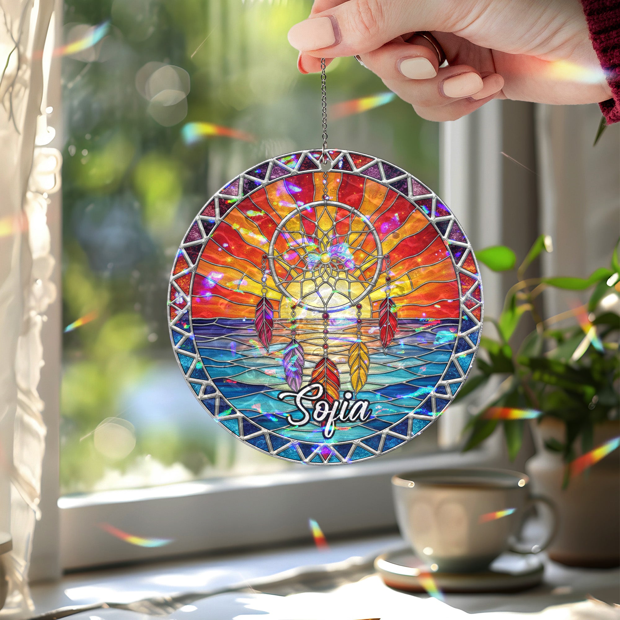 Sunset Waves Dreamcatcher Acrylic Suncatcher Ornament Unique Christmas Gift Decor (Custom Name)