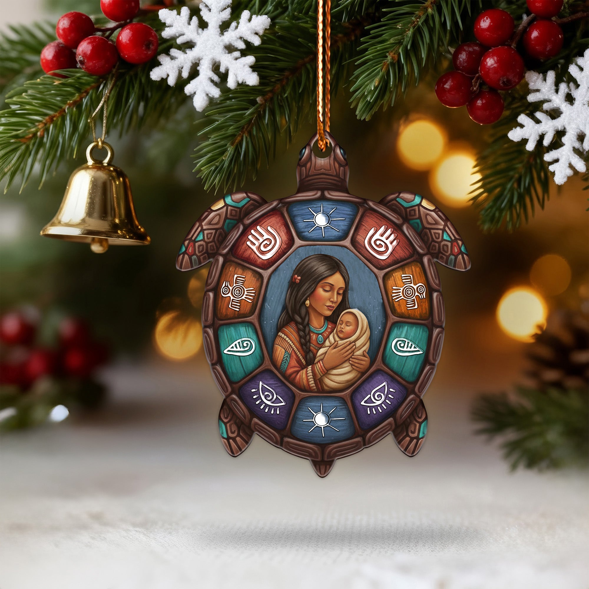 Native Mother and Child Turtle Ornament Unique Christmas Gift Decor Flat Acrylic