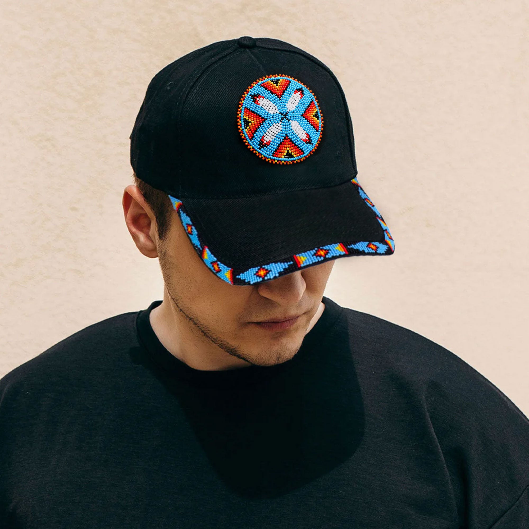SALE 50% OFF - Cotton Unisex Baseball Cap With Beaded Patch Brim Native American Style