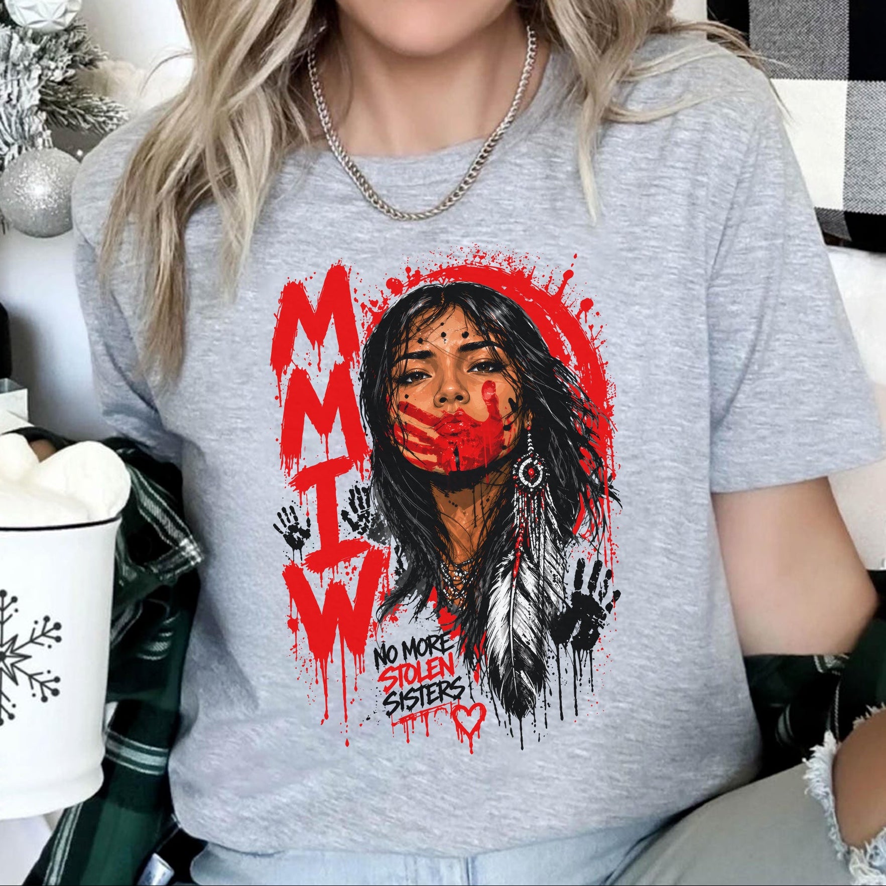 Voice of the Silent - MMIW Native Woman Portrait with Red Handprint Unisex T-shirt/T-shirt V-Neck/Hoodie/Sweatshirt
