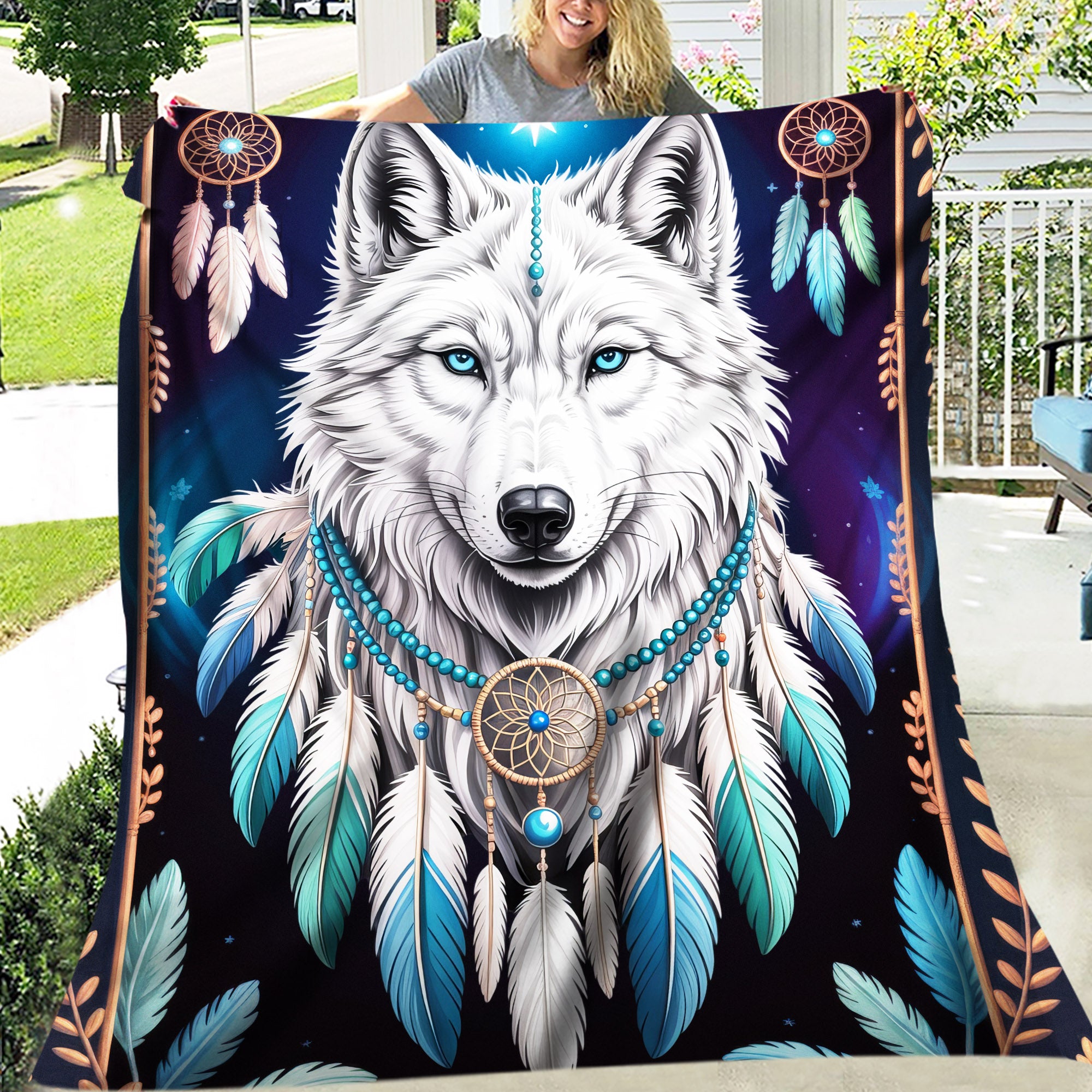 Sacred Wolf Dreamcatcher Blue, White, and Feather Spirit Cozy Fleece Blanket