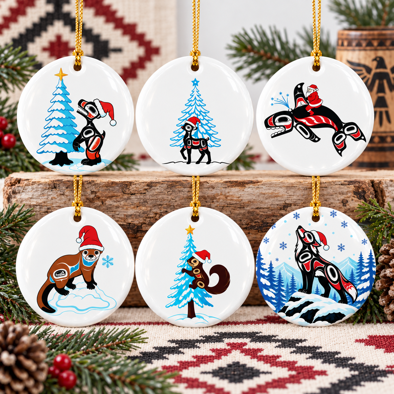 Native Inspired Animals Christmas Native Tribal Ceramic Ornament - Indigenous Art Decor