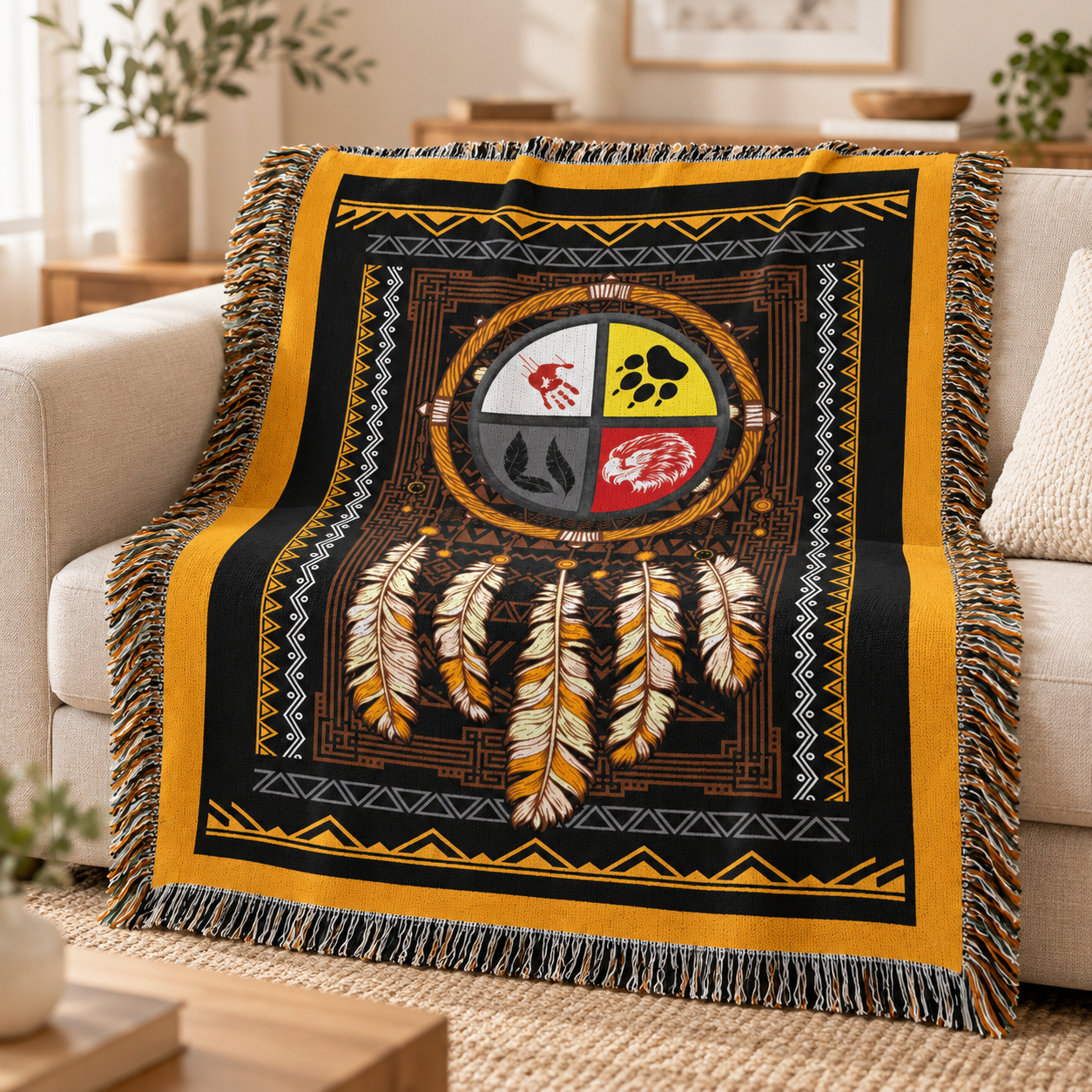 Medicine Wheel Woven Throw Blanket - Indigenous Tribal Decor