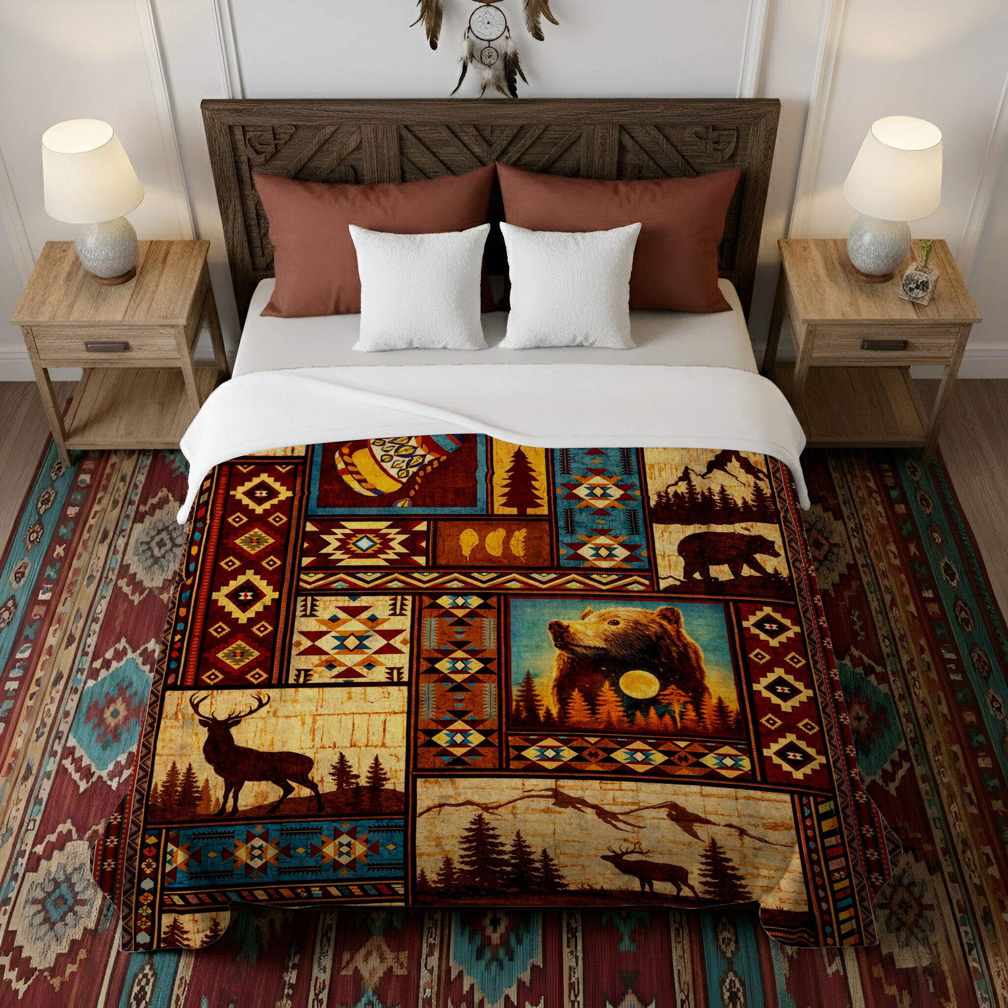 Native Wildlife Patchwork Native Spirit Art Fleece Blanket