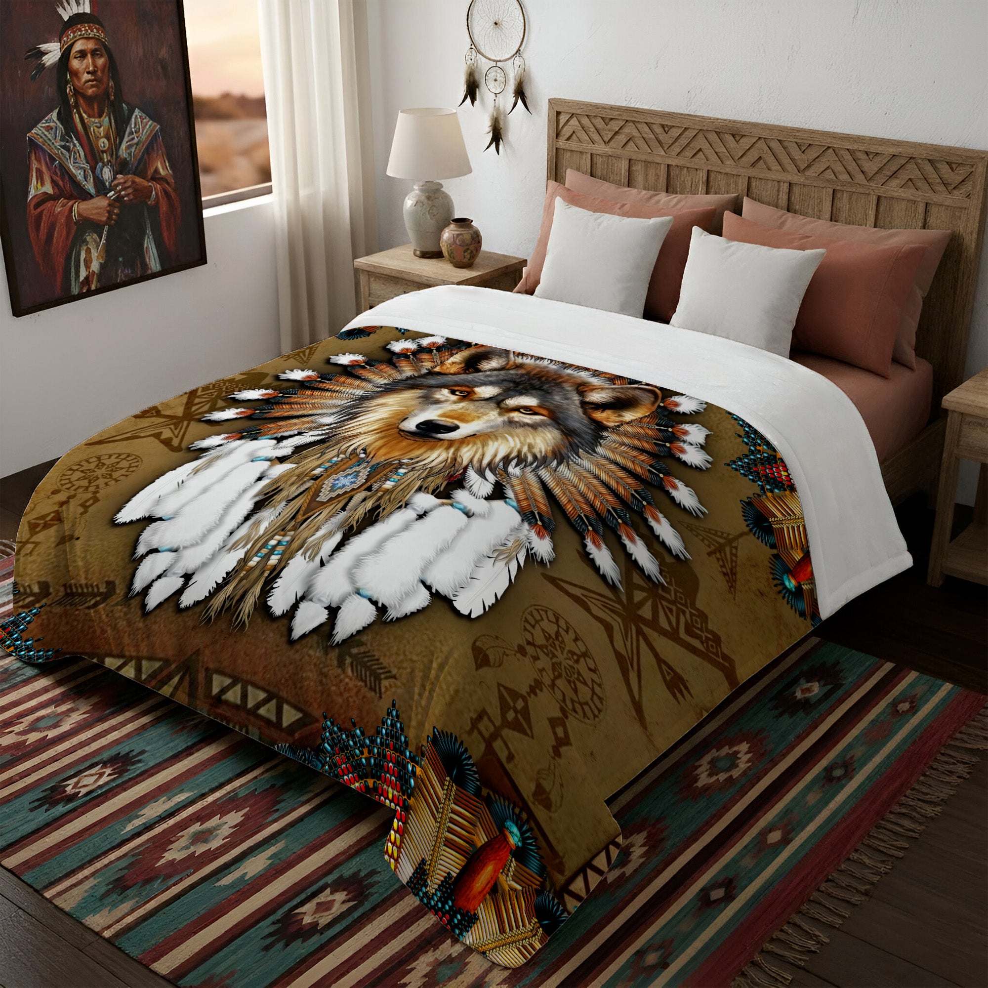 The Quiet Guardian Wolf Native American Soft and Warm Fleece Blanket