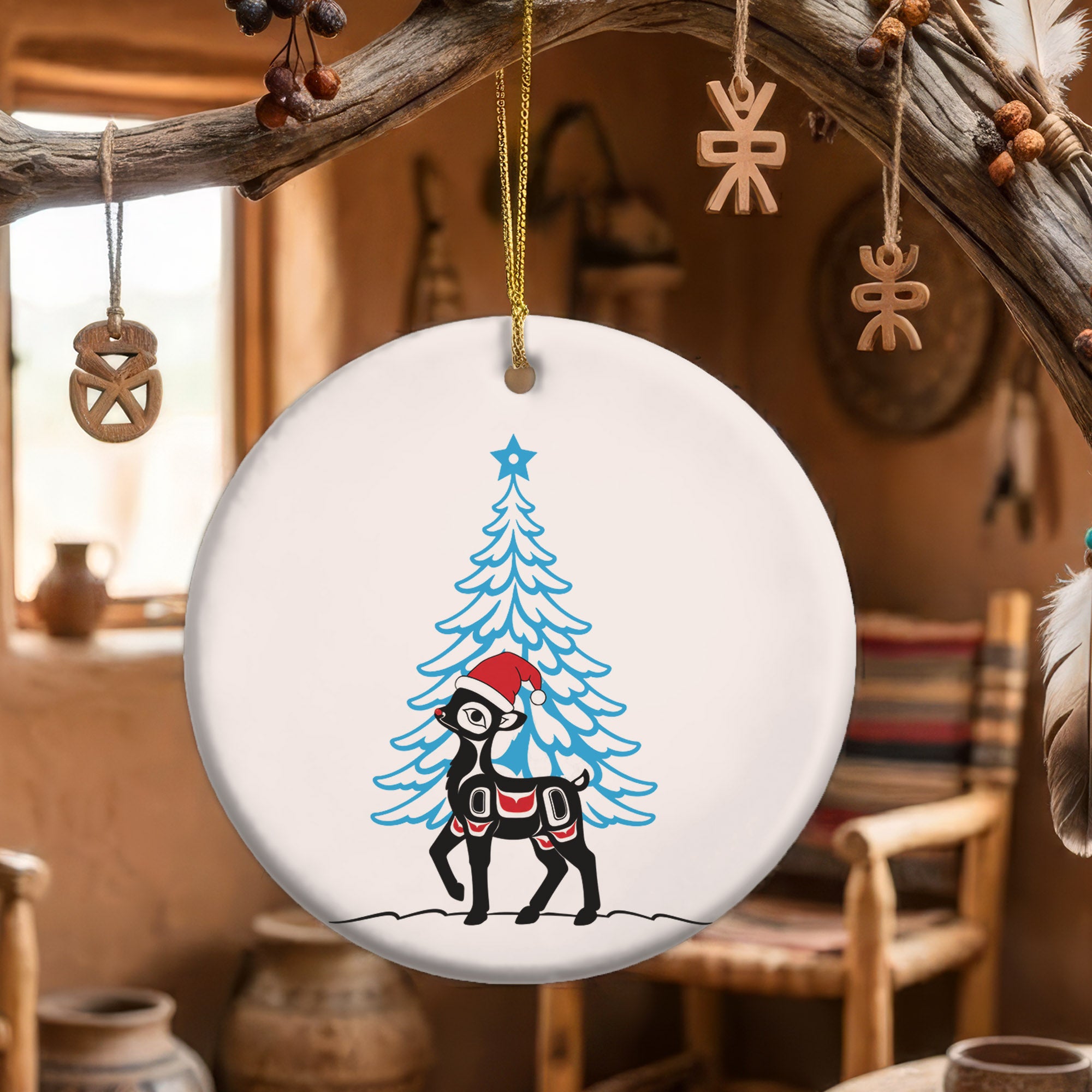Deer Santa Native Tribal Ceramic Ornament - Indigenous Art Decor