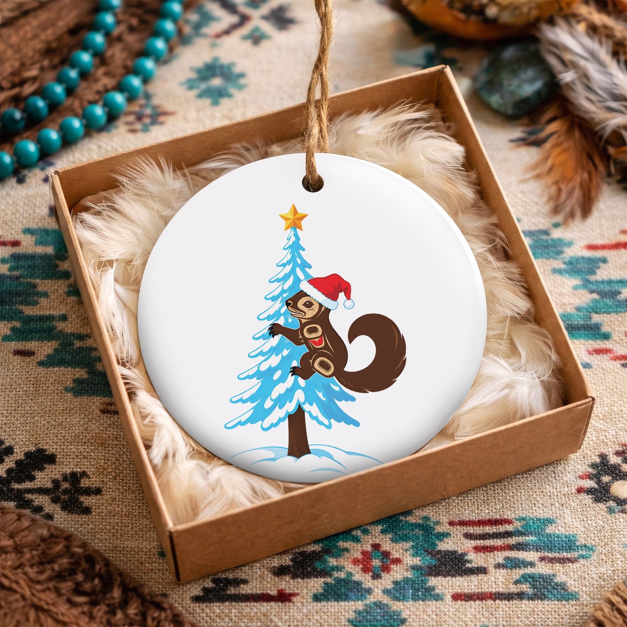Squirrel Christmas Tree Native Tribal Ceramic Ornament - Indigenous Art Decor