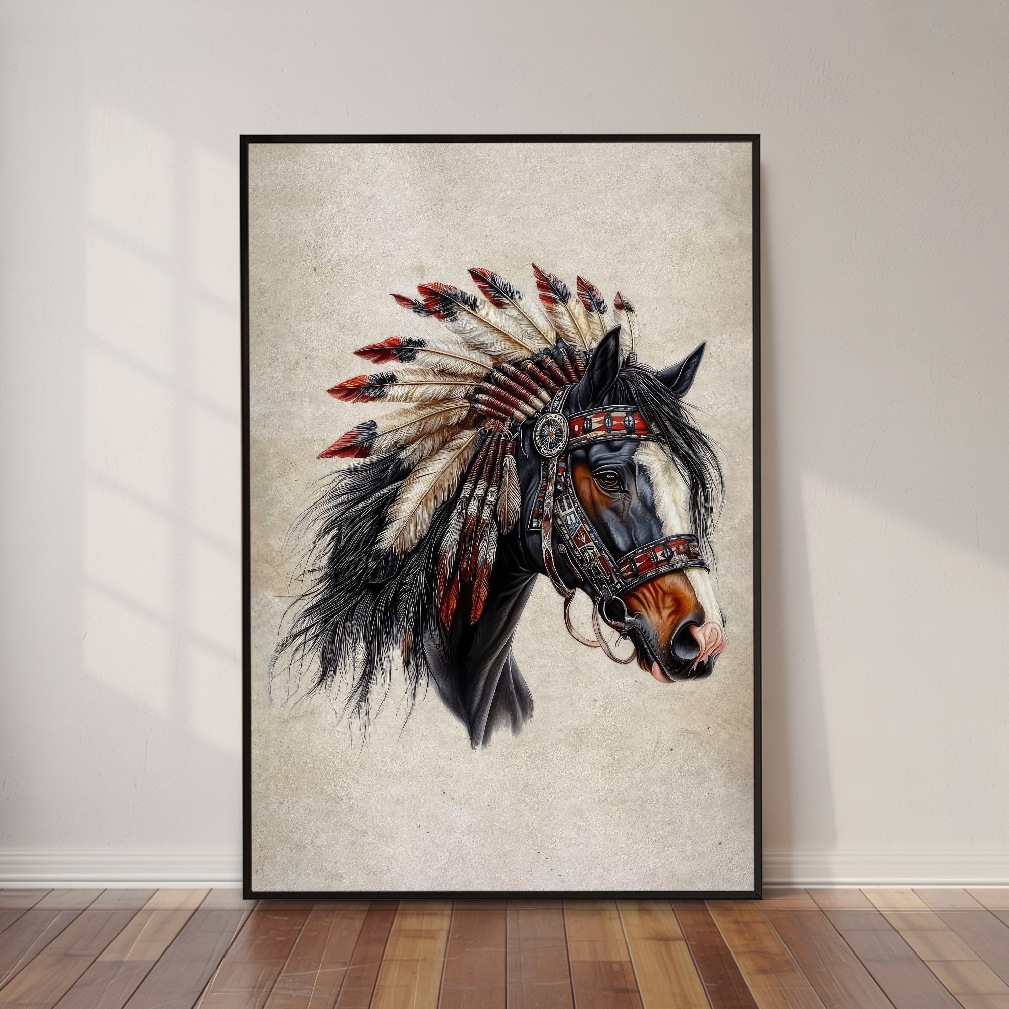 Native Spirit - Horse with Feather Headdress Artwork Poster/ Canvas