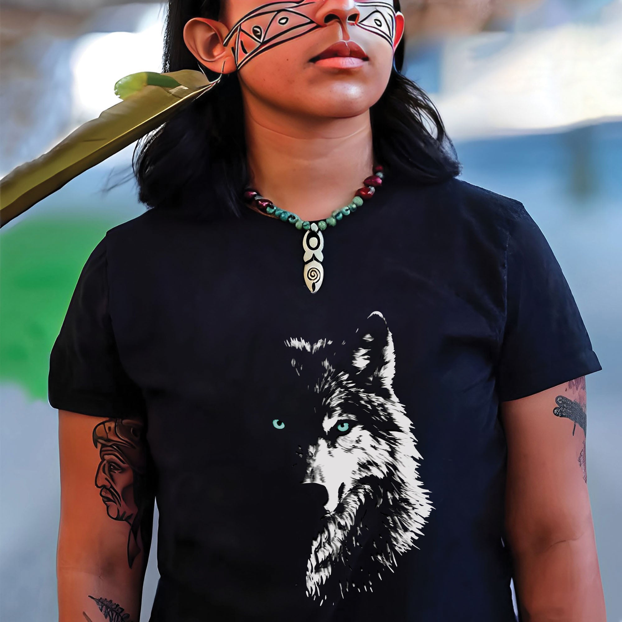 Mystic Wolf Face Graphic – Black & White Spirit Animal Art Unisex T-shirt/T-shirt V-Neck/Hoodie/Sweatshirt
