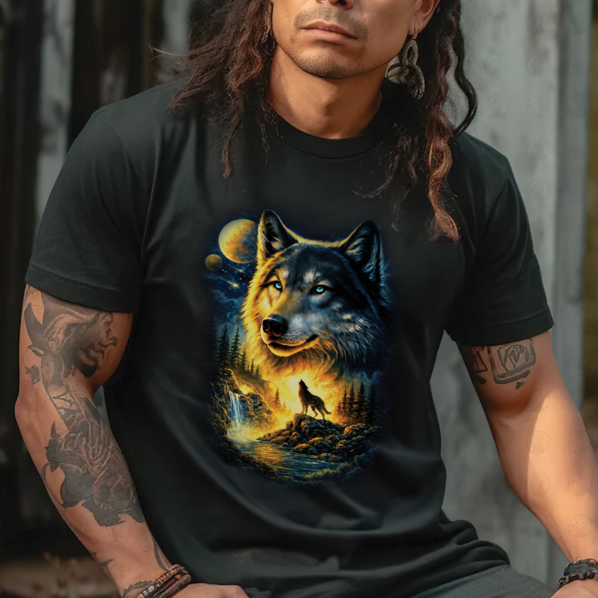 Mystic Wolf Howling Night Sky Wolf Art Cosmic Wilderness Spirit Animal Design Unisex T-shirt/T-shirt V-Neck/Hoodie/Sweatshirt