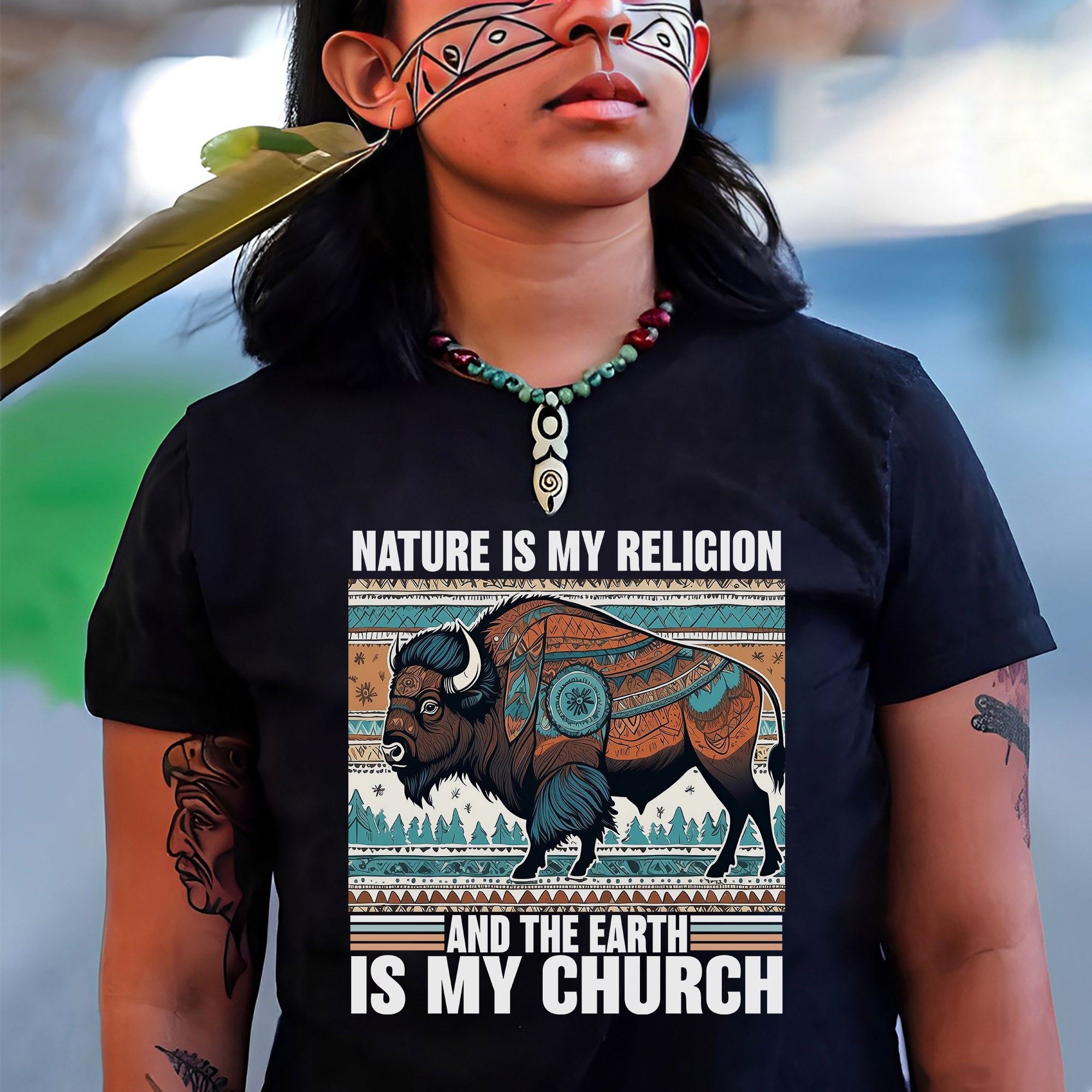 Nature Is My Religion Earth Is My Church Indigenous Bison Art Unisex T-shirt/T-shirt V-Neck/Hoodie/Sweatshirt
