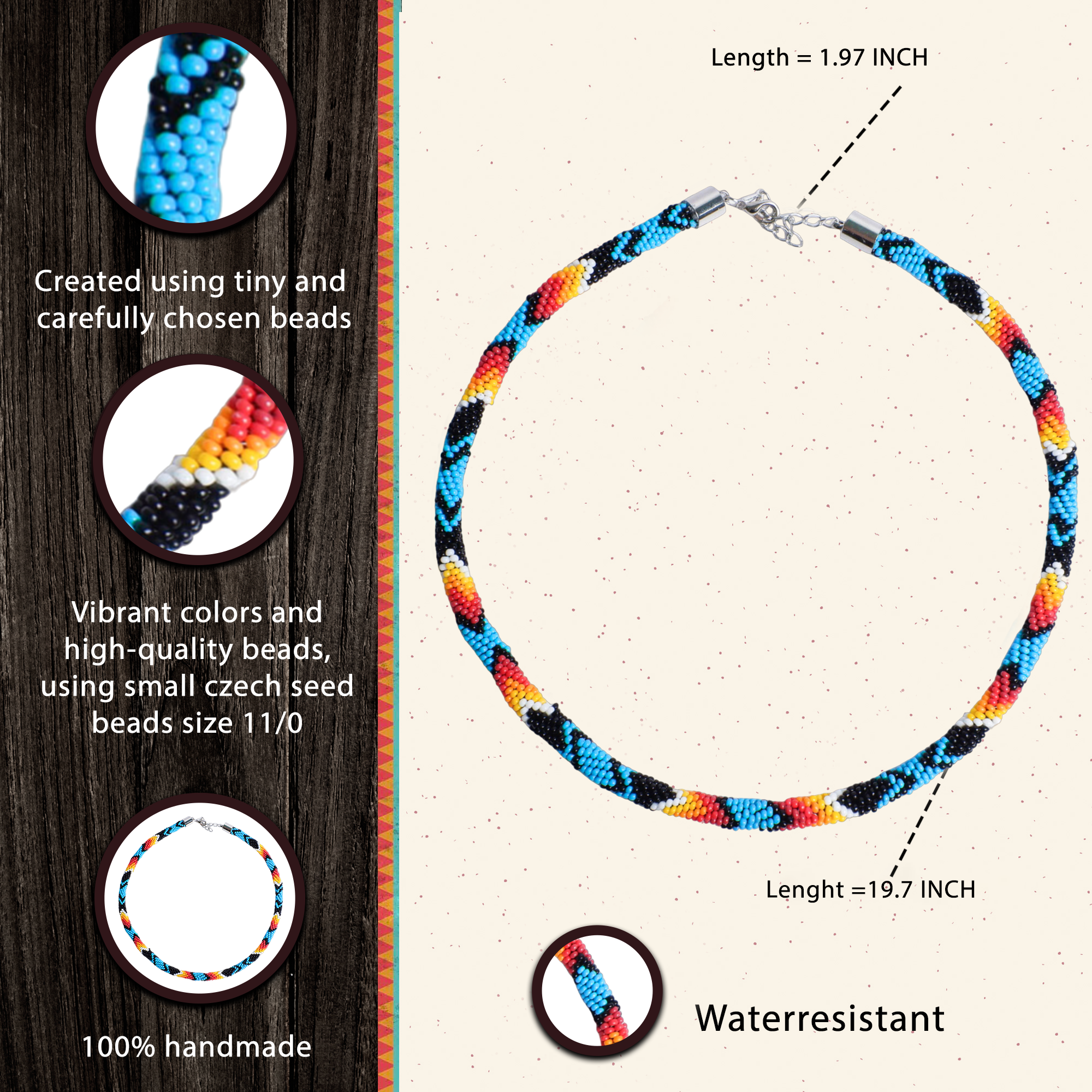 Red Blue Beaded Long Necklace Handmade Native American Style for Women