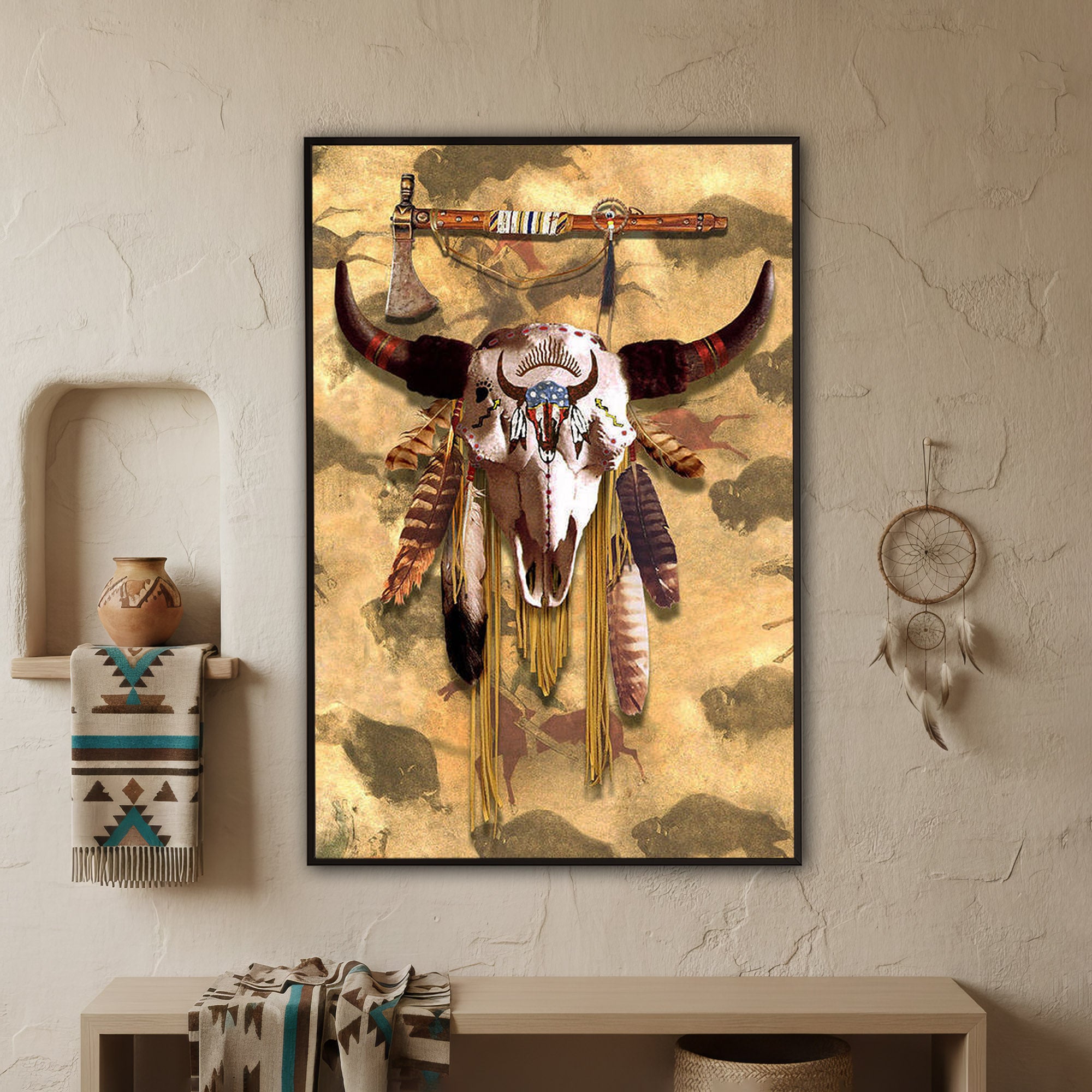 Buffalo Head Skull Feather Mark Poster/Canvas