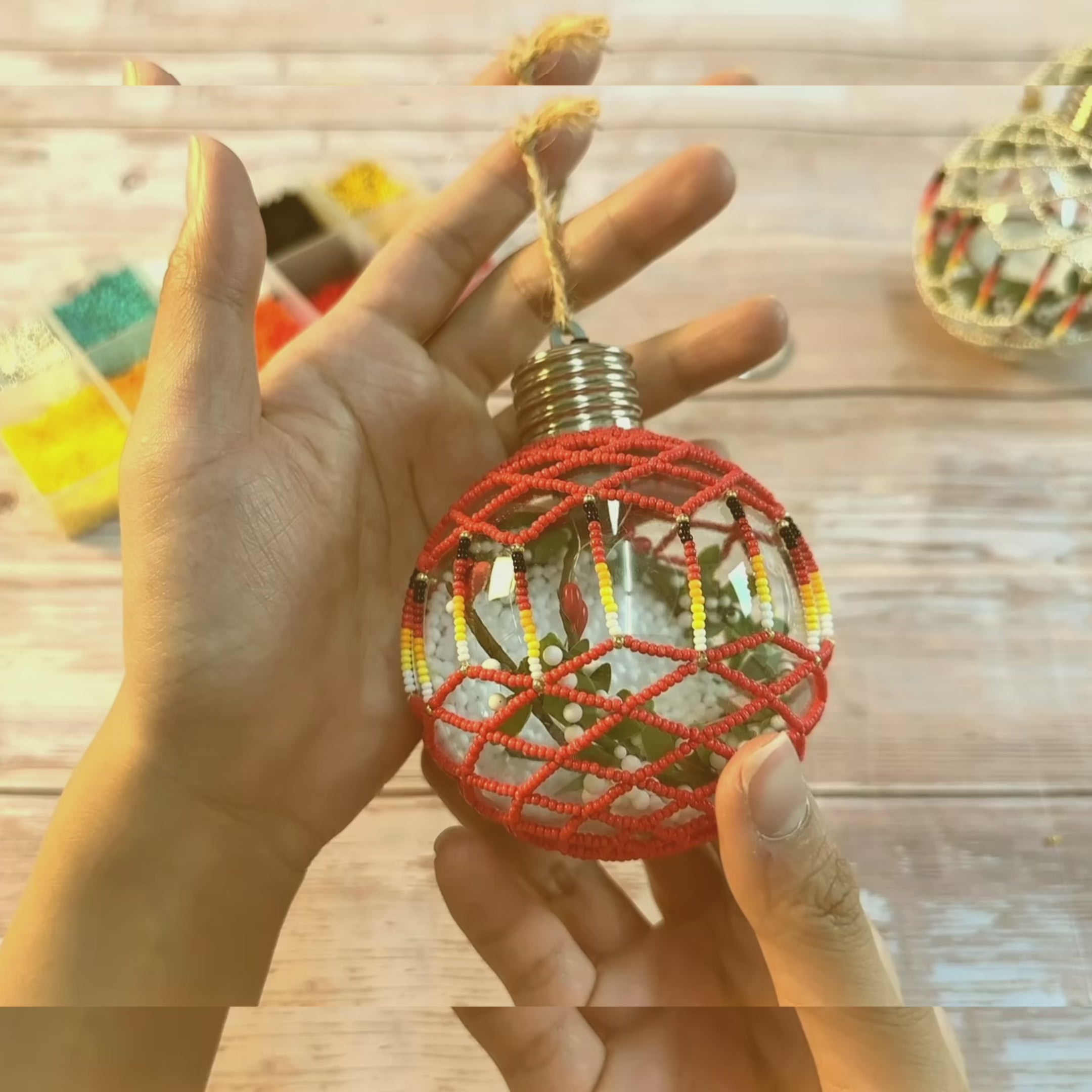 SALE 50% OFF - Red Sparkly Handmade Beaded Ornament with Luminous Lights Premium