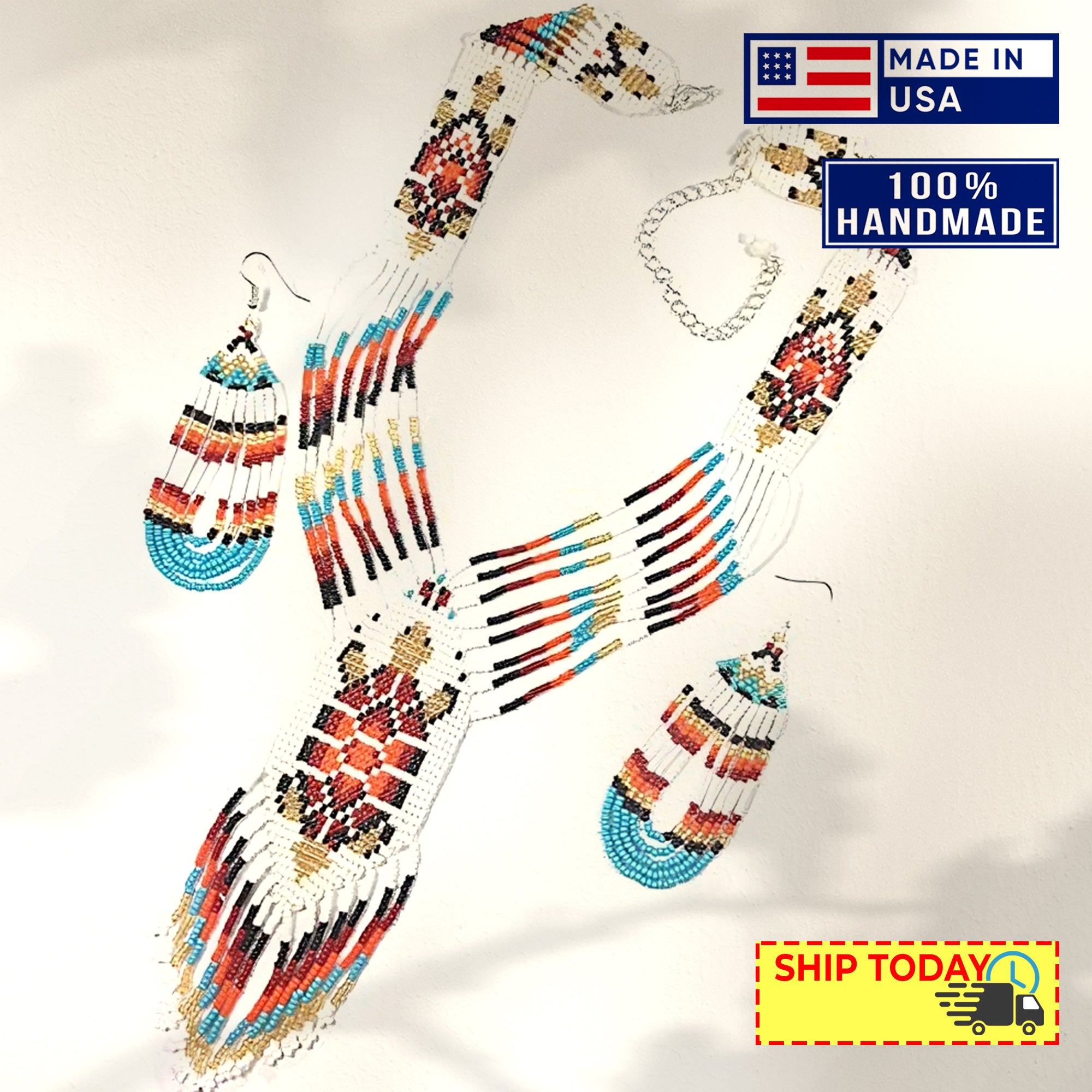 Beaded Lariat shop Necklace & Earrings Set, Rainbow Turtle Southwestern beadwork gift
