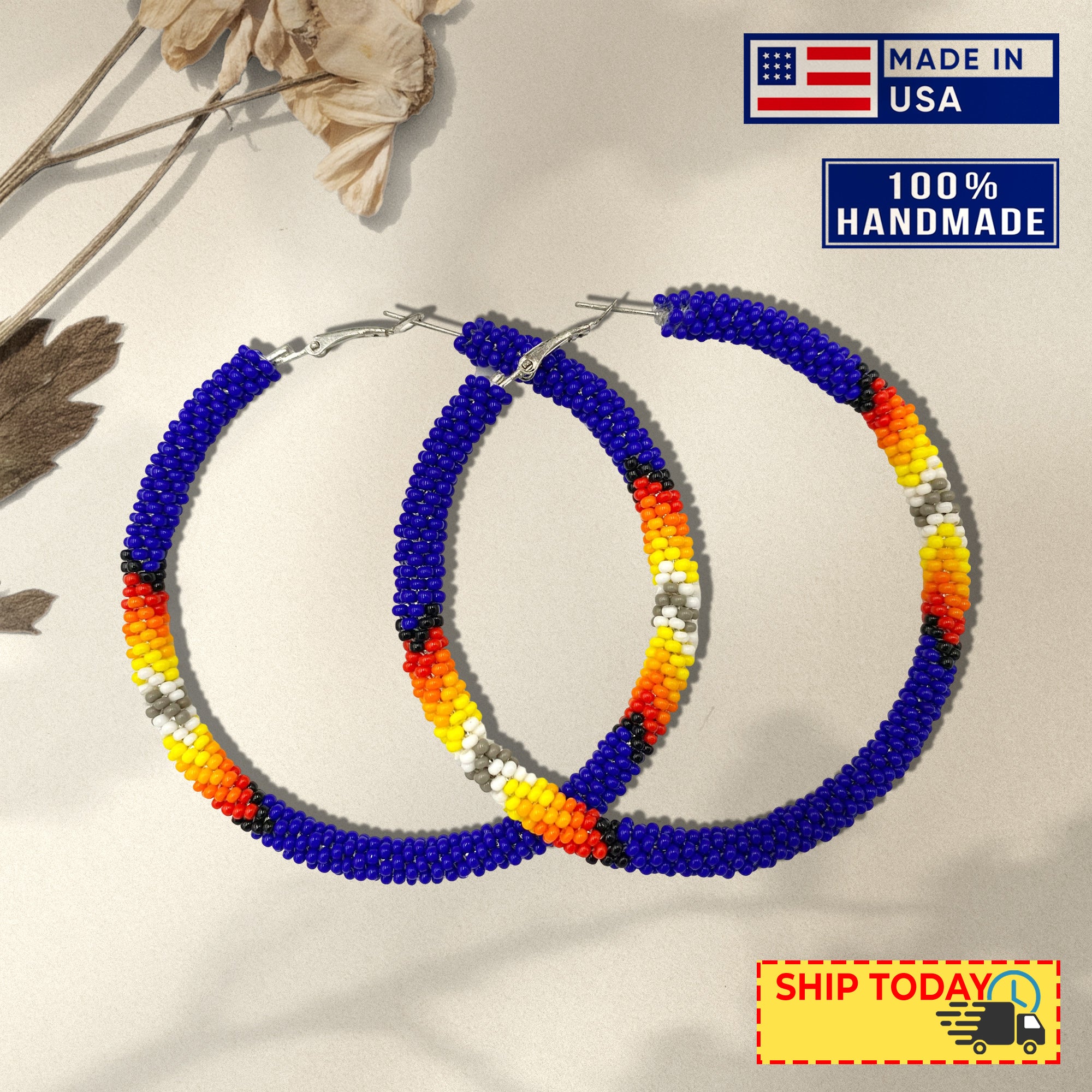 SALE 50% OFF - Handmade Deep Blue Pattern Hoop Beaded Earrings for Women