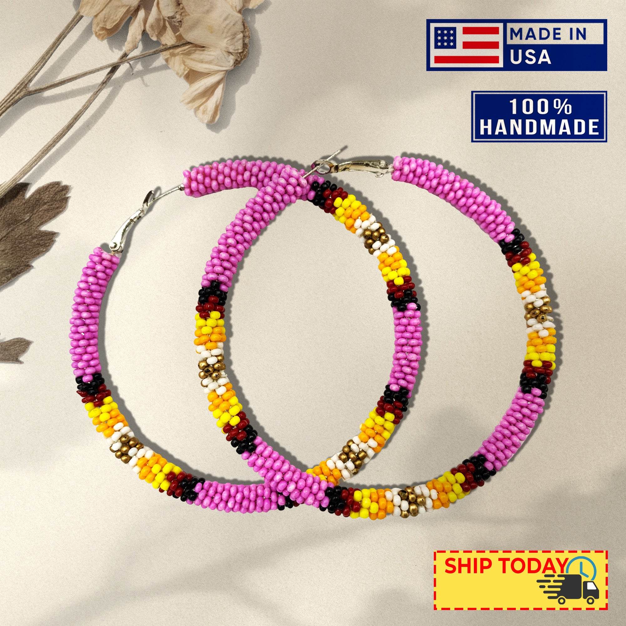 SALE 50% OFF - Handmade 3-Inch Hoop Round Pattern Beaded Earrings for Women