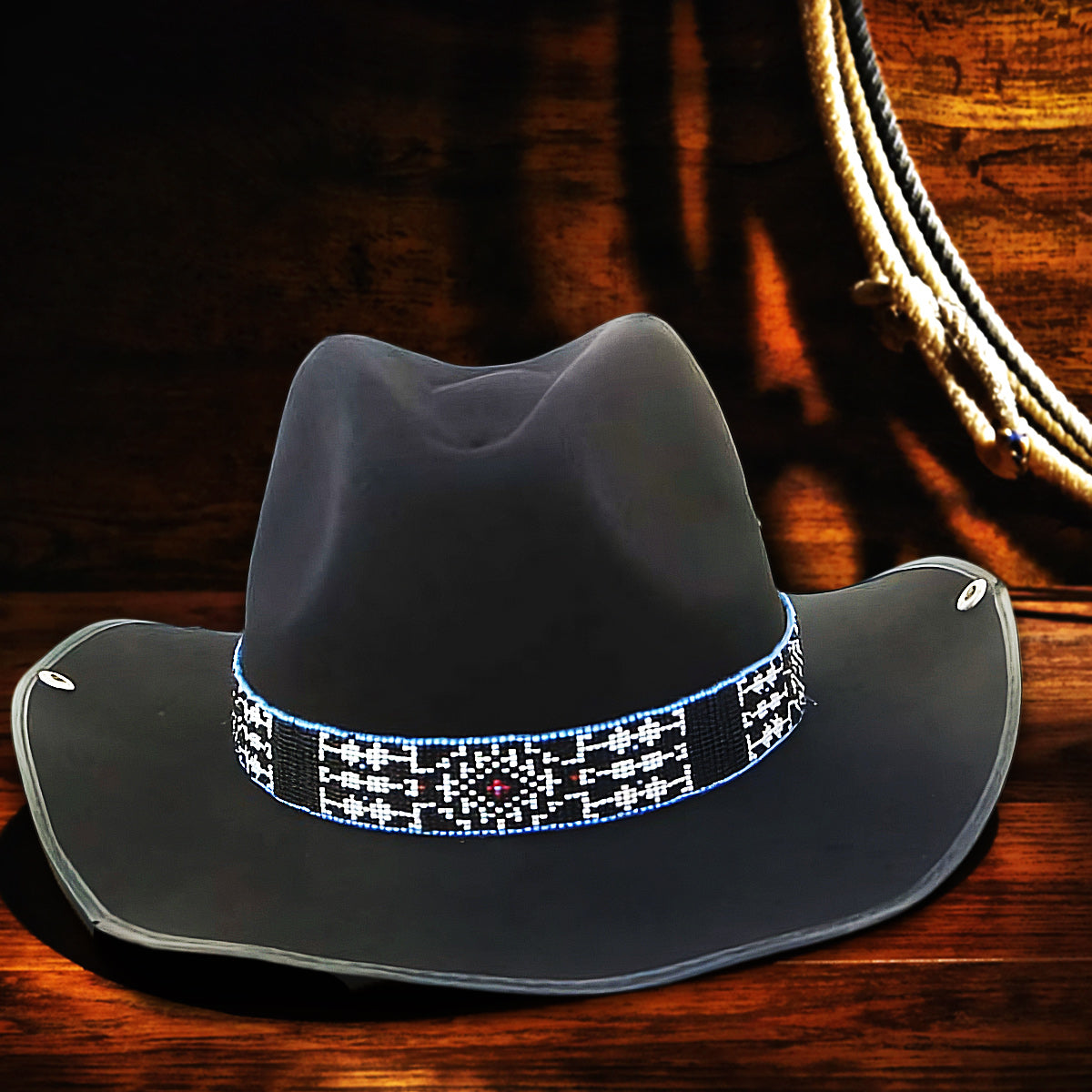 SALE 30% OFF - Medicine man’s Eye Beadwork Blue Black Beaded Cowboy Hat Band Belt IBL