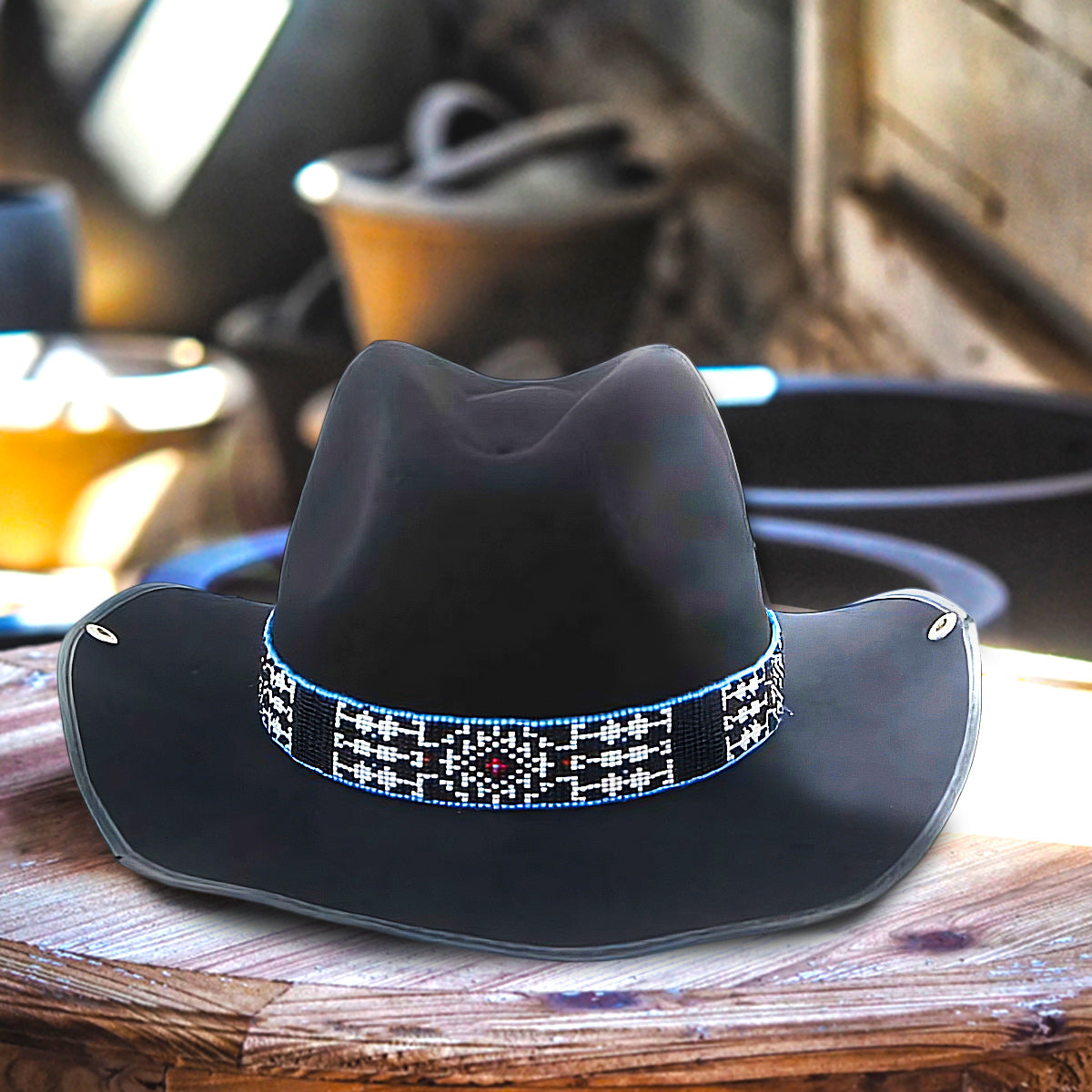 SALE 30% OFF - Medicine man’s Eye Beadwork Blue Black Beaded Cowboy Hat Band Belt IBL