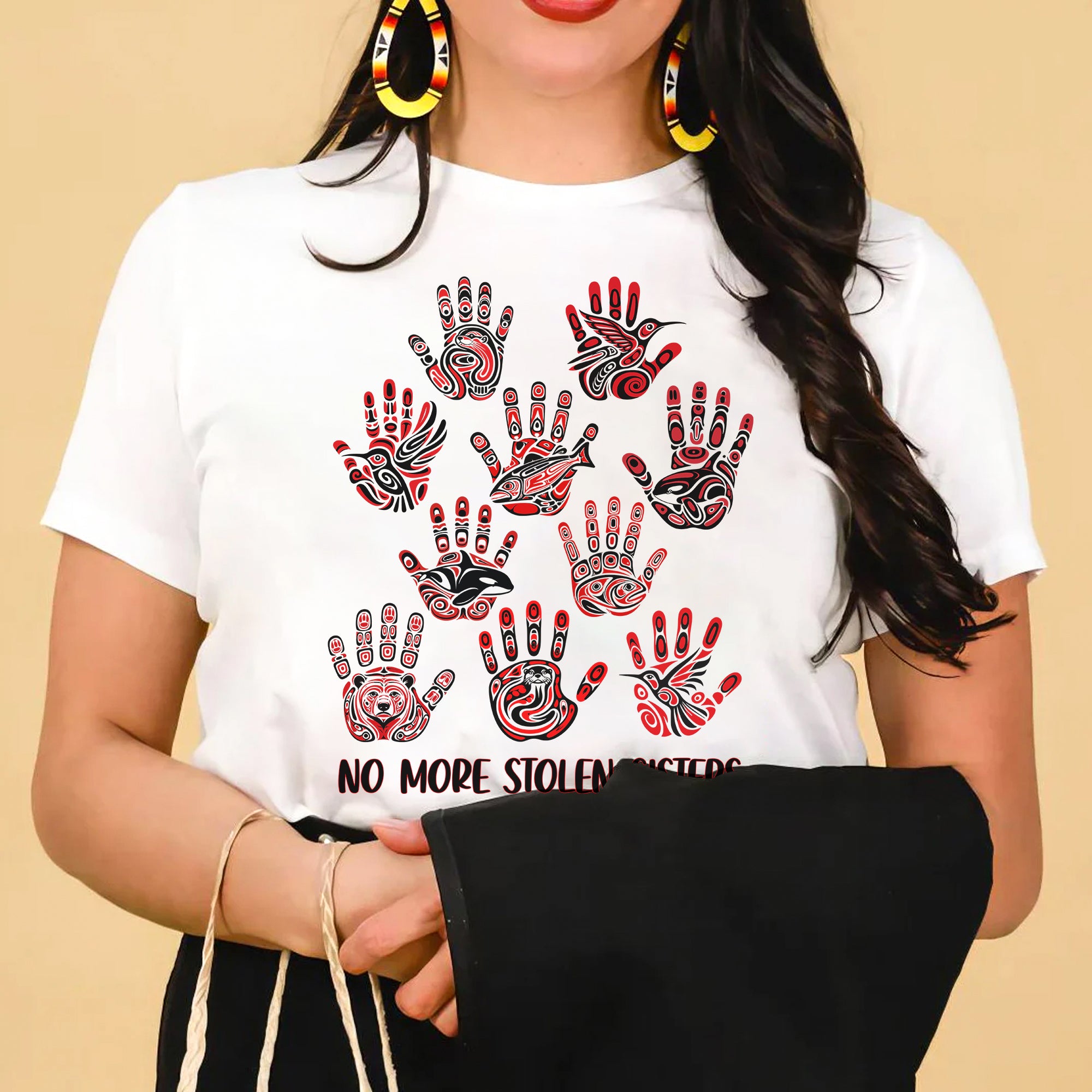 No More Stolen Sisters - MMIW Awareness with Tribal Hand and Animal Design Unisex T-shirt/T-shirt V-Neck/Hoodie/Sweatshirt